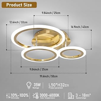 EIDISUNY Modern Led Dimmable Ceiling Light, 3 Circle Gold Ceiling Lights with Remote Control, 3000K-6500K, 3 Circle Modern Led Ceiling Lights Fixture for Living Room Dining Room Bedroom Kitchen - 35W [Energy Class E]