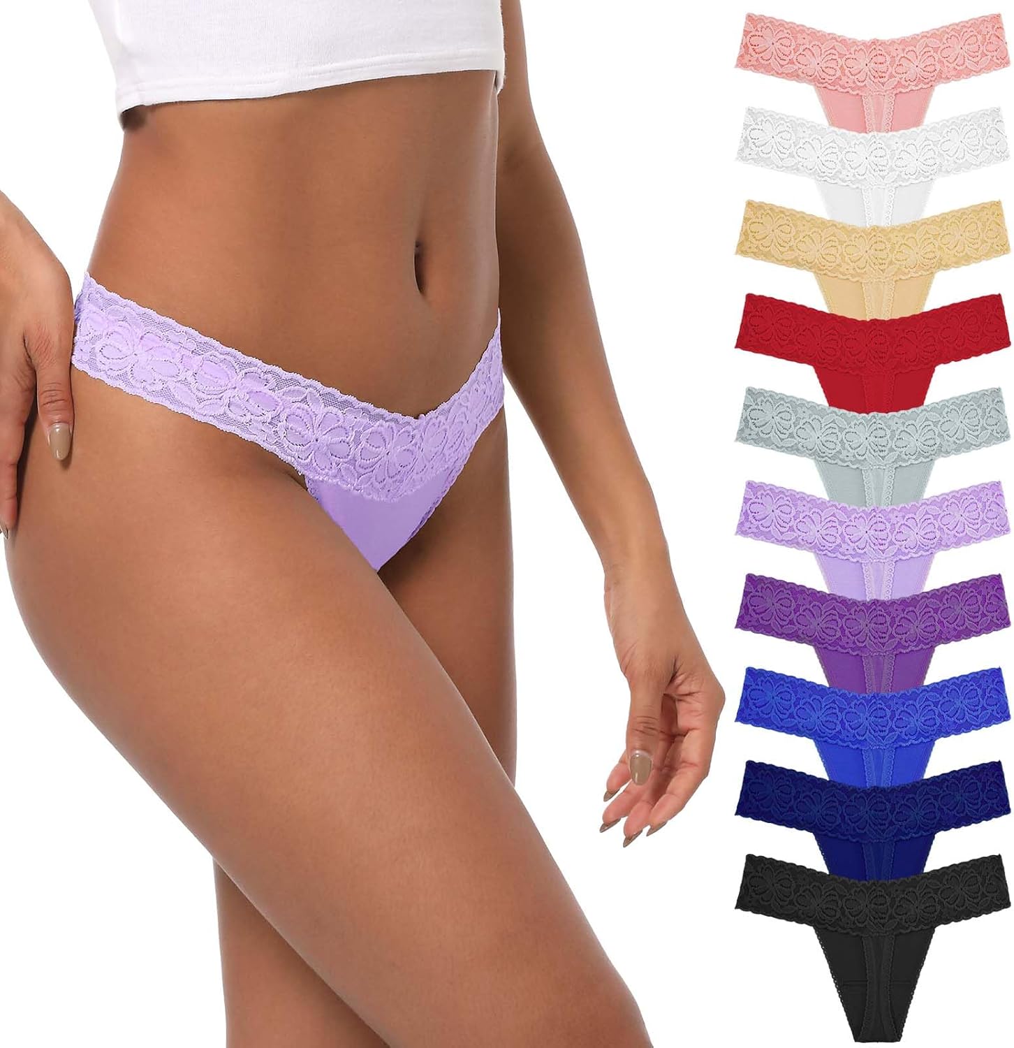 Umiehary 10 Pieces T Back Low Waist See Through V Shape Panties Underwear Lace Cotton Thongs XSmall-4XLarge