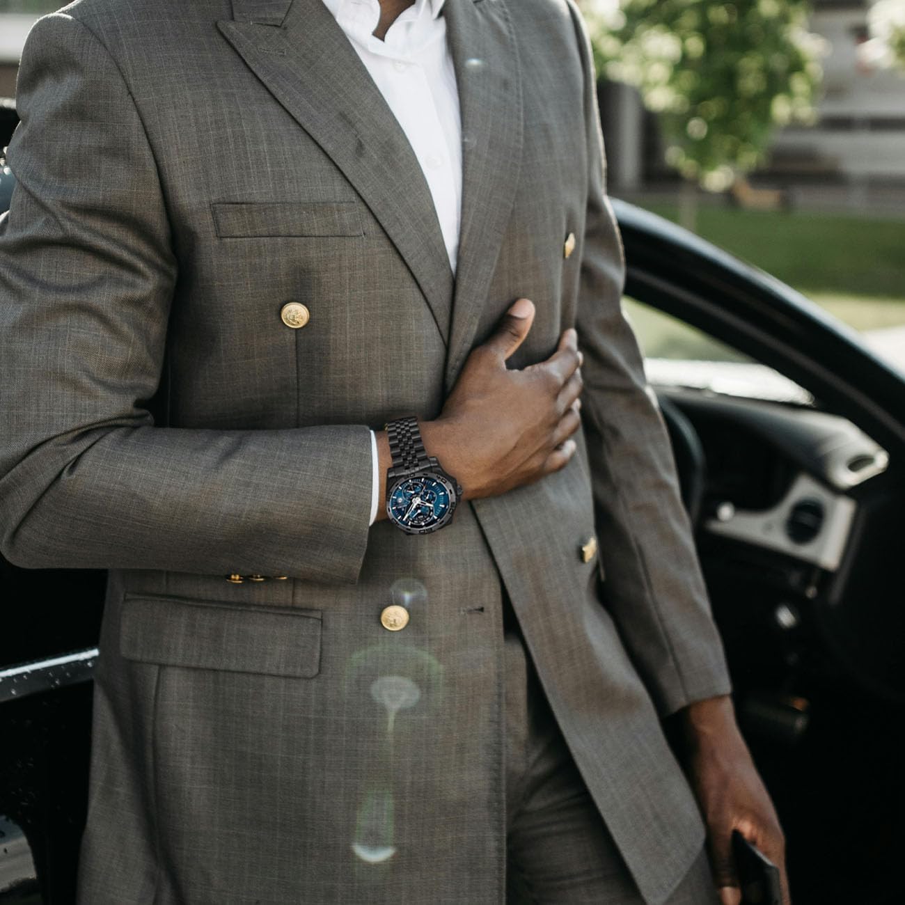 Juntan Stainless Steel Curved Ends Tapered 18mm 20mm 22mm 23mm 24mm Metal Watch Band Flexible Watch Strap Replacement Bracelet Deployment Double Flip Lock Buckle Silver Black - Image 3