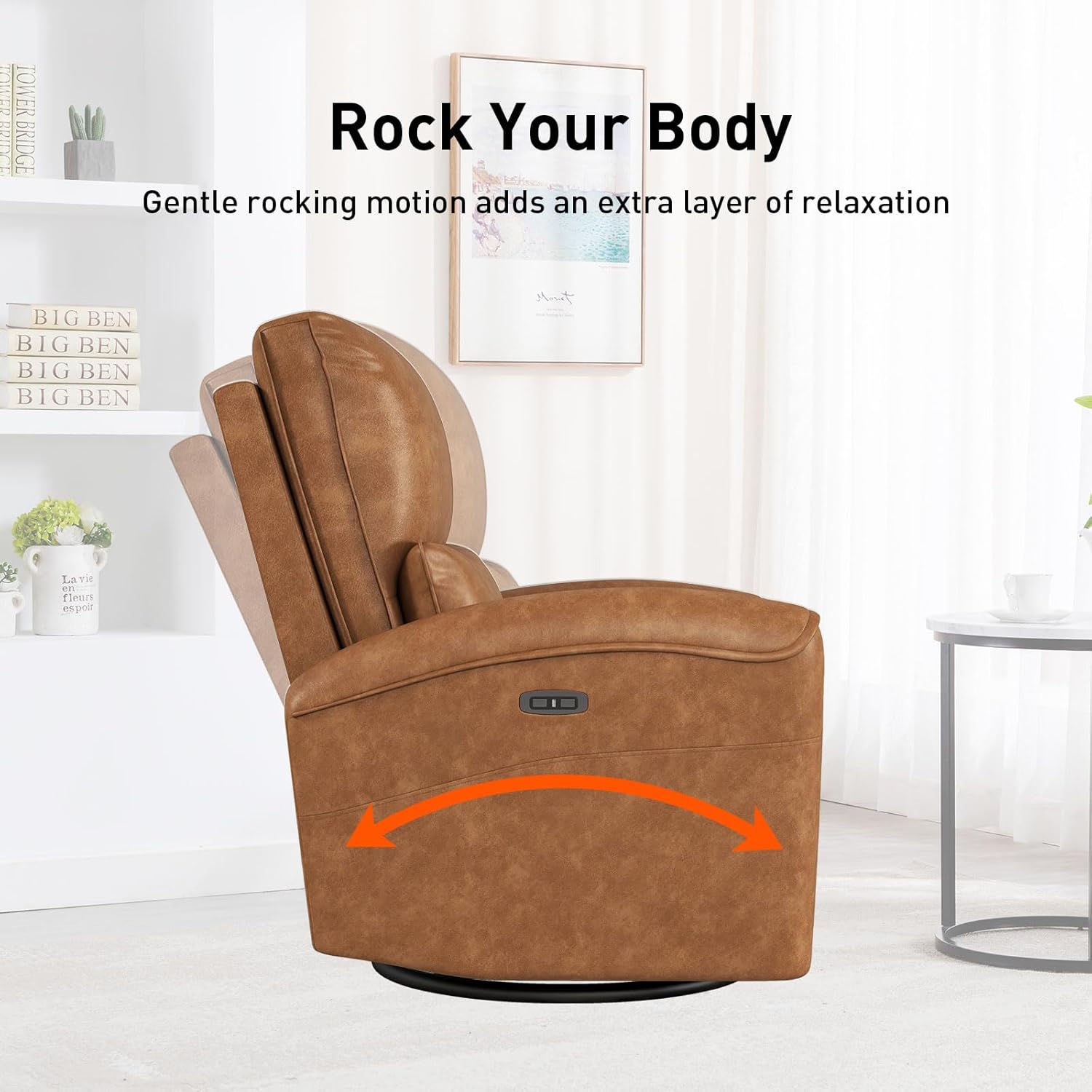 Bonzy Home Power Swivel Rocker Recliner Chair with USB Port, 23.2" Wide Seat, Fixed Lumbar Support, Upholstered Glider Chair for Nursery Living Room, Brown
