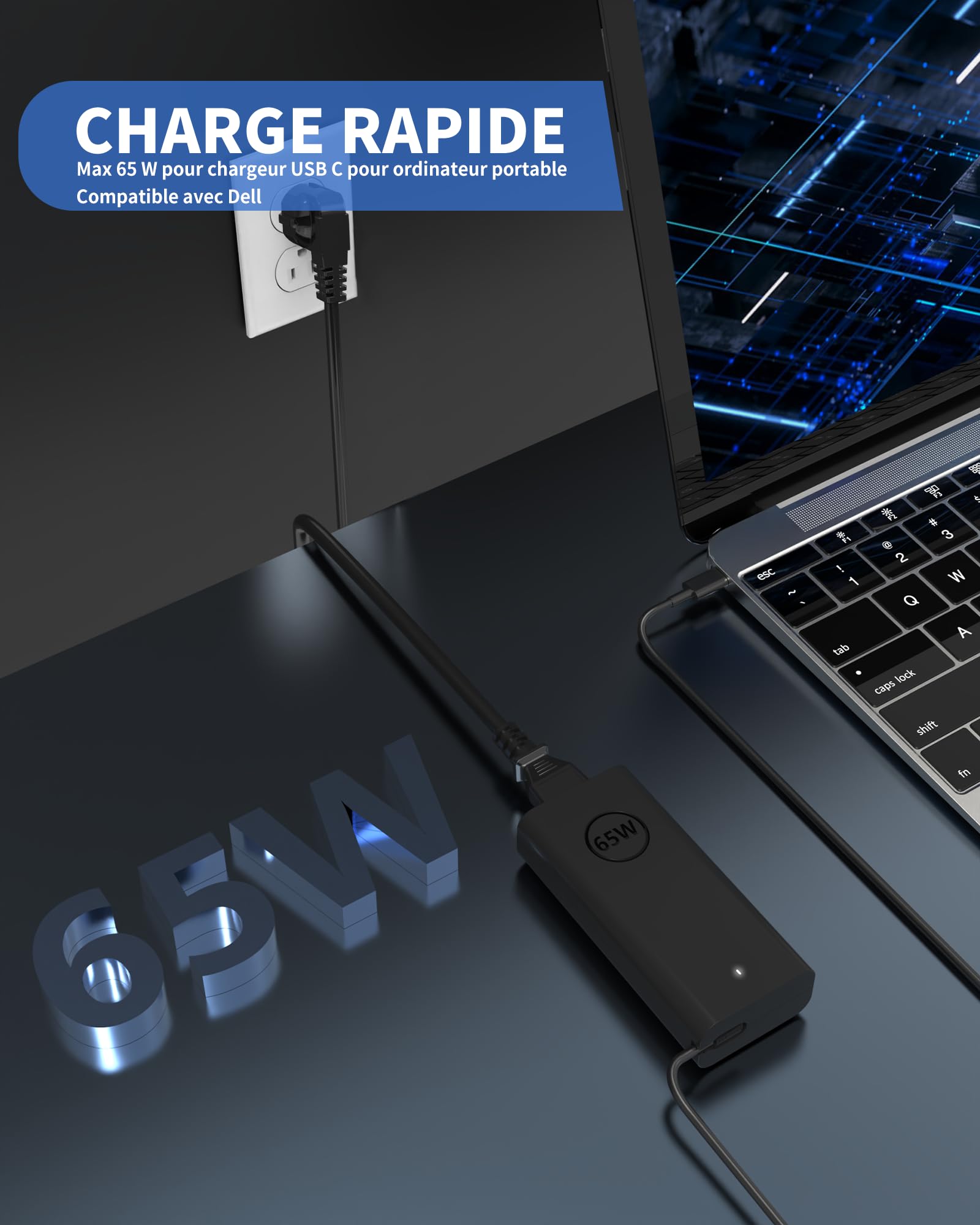 Chargeur 65W USB C pour Dell Pro 16 14 13 Plus Latitude 5420 5430 E5440 5550 5530 5450 5540 5520 7420 7440 5400 3550 3450 XPS 13 Chromebook 3100 Type C Computer Chargeur