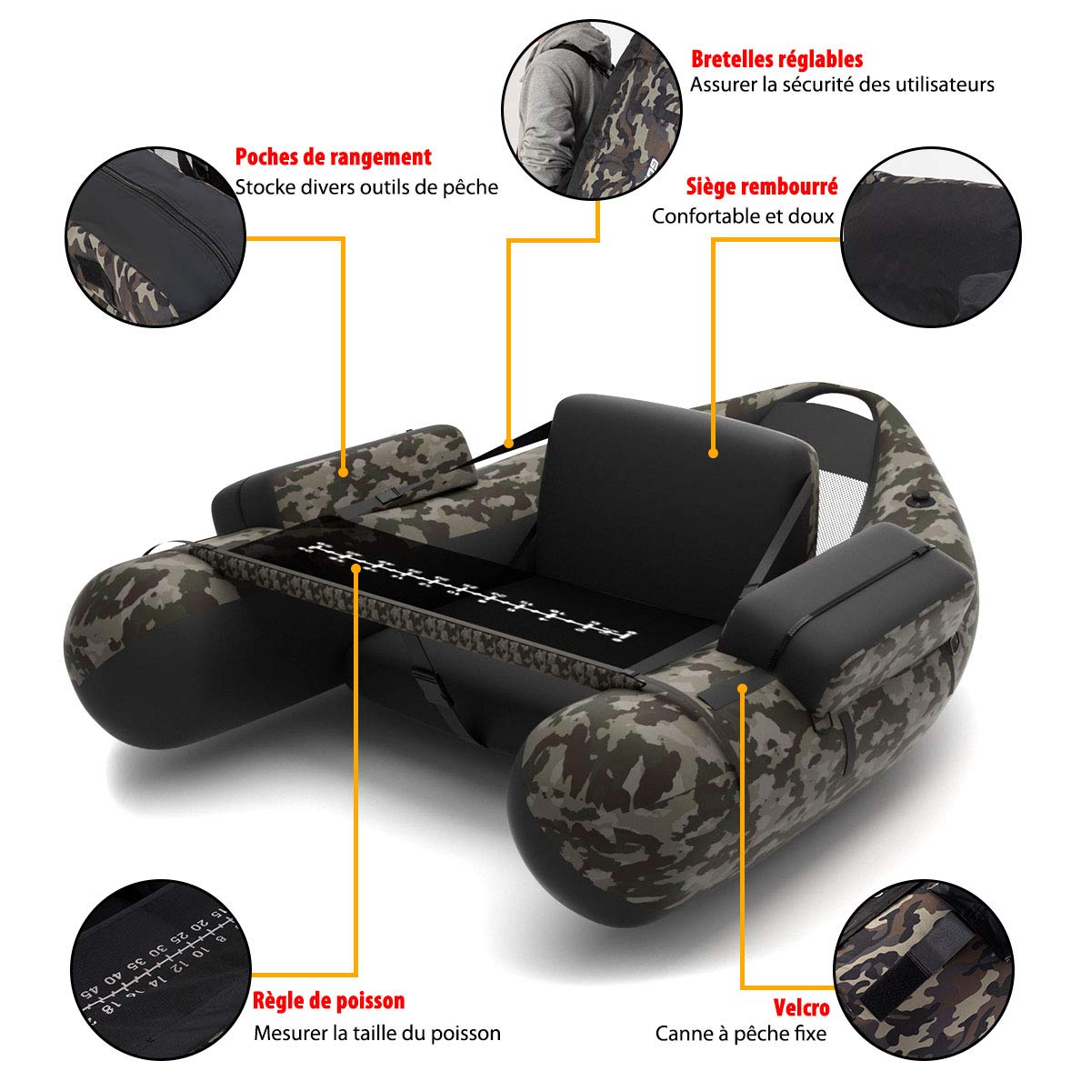 GOPLUS Barco de Pesca Inflable. Barco Neumático Flotante con Respaldo Ajustable para Pesca Camuflaje, Botes y Carga Máxima 160 kg, 136x105x54 cm