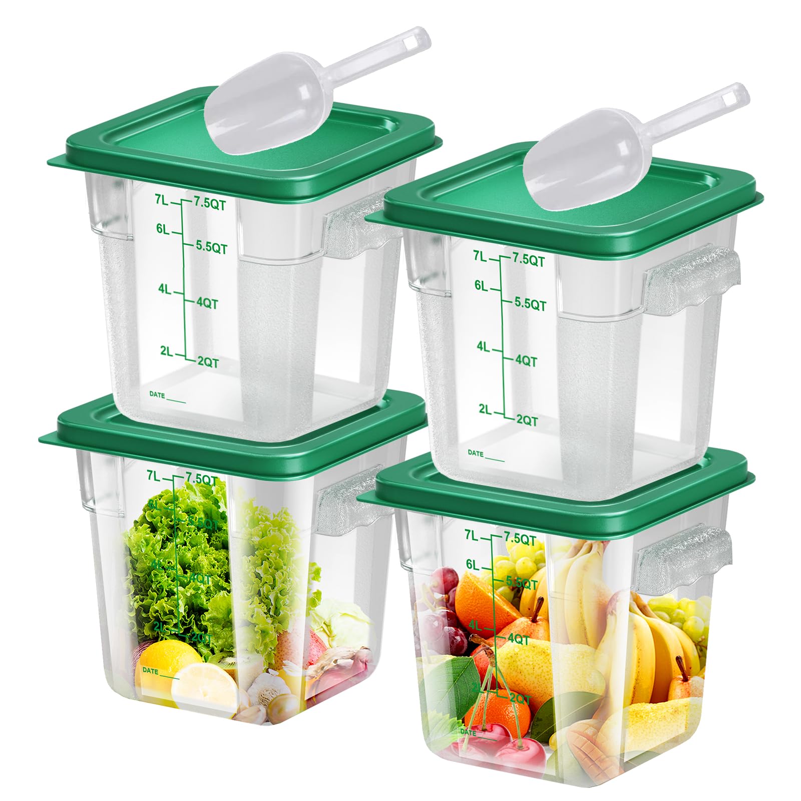 4 recipientes de almacenamiento de alimentos de 8 cuartos con tapa, recipientes cuadrados transparentes de almacenamiento comercial con asa y báscula para almacenamiento de alimentos en el