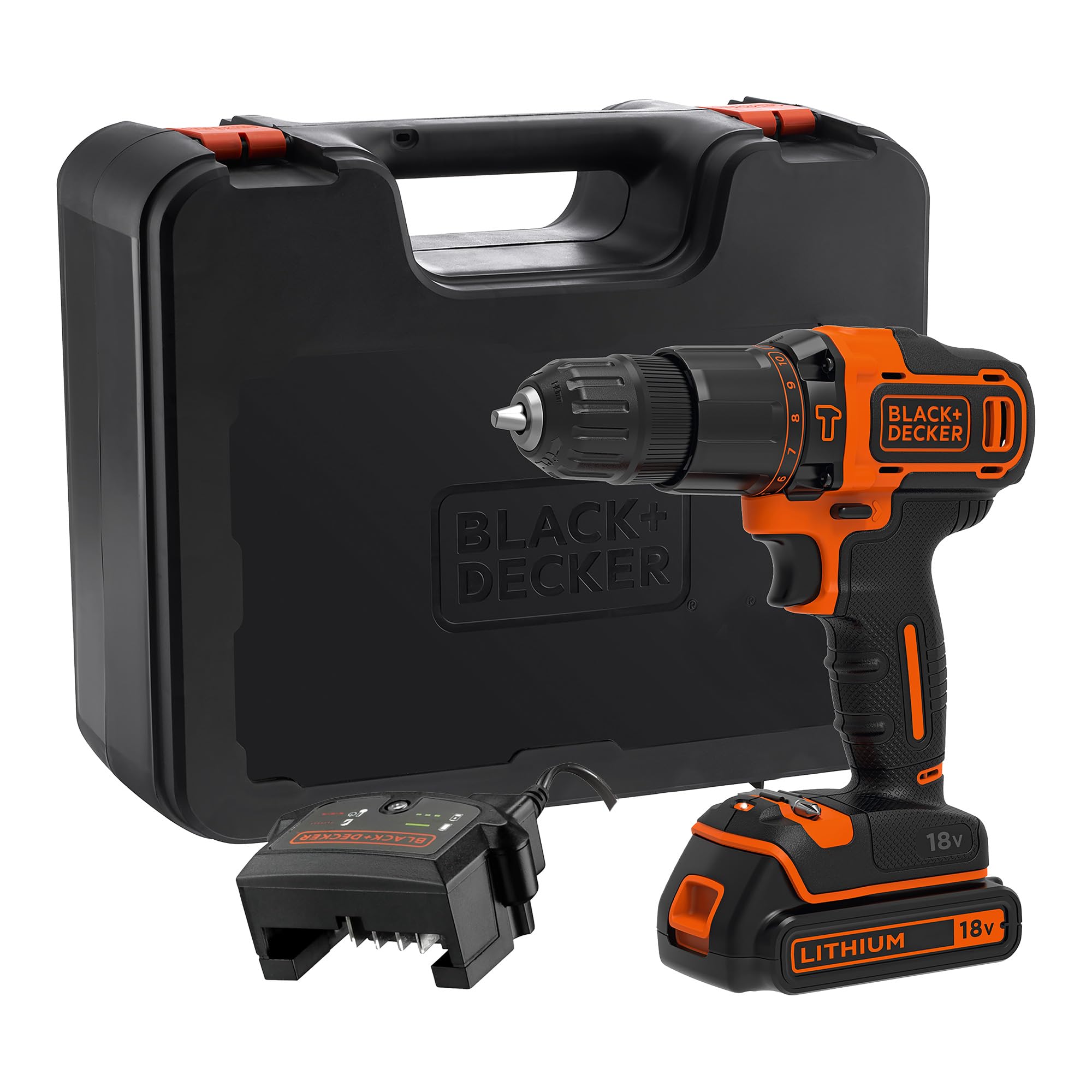 BLACK+DECKER Taladro percutor sin cable 18V, batería 1,5Ah, cargador 400mA, maletín, BDCHD18K-QW