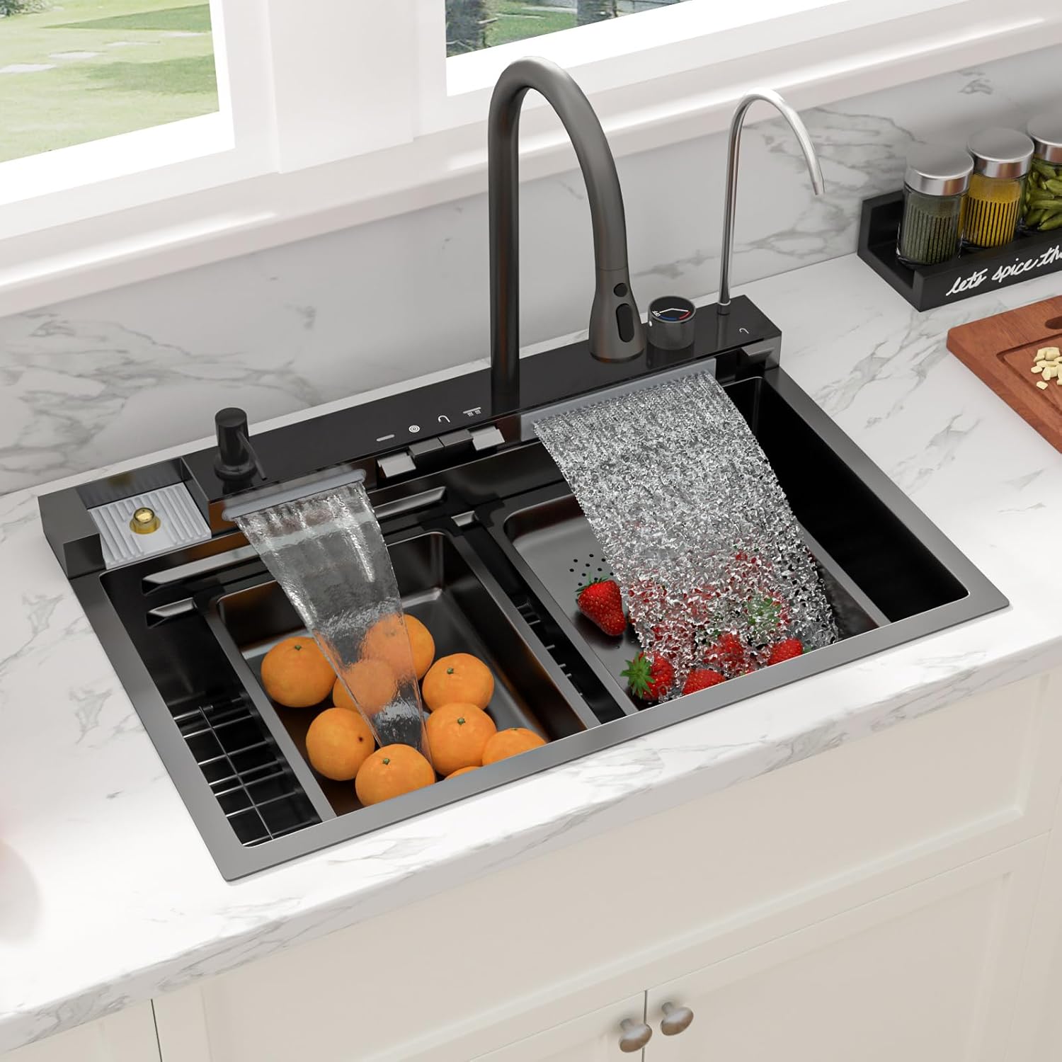 Sarlai Waterfall Kitchen Sink - 30 Inch Drop In Workstation Sink With Waterfall Black Stainless Steel 16 Gauge Multifunction Single Bowl Smart Top Mount Kitchen Sinks with Mechanical Keys 30x19 Inch