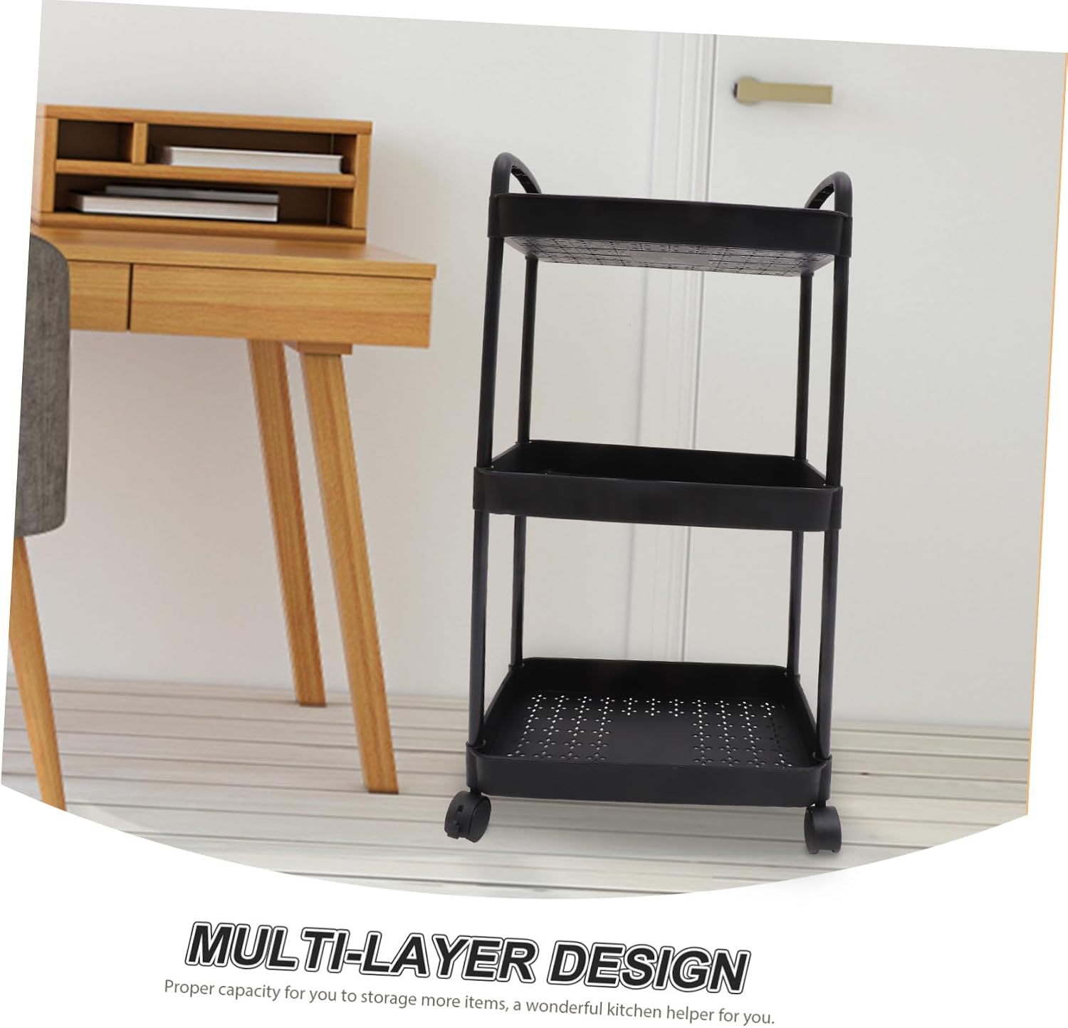 Multi-Purpose Rolling Cart with Wheels - Kitchen & Bathroom Trolley Black Storage Shelf for Home Use Versatile Utility Cart for Easy Mobility