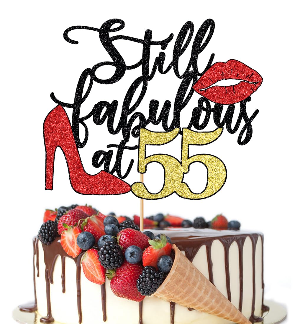 Crseniny Still Fabulous at 55 Cake Topper,Happy 55th Birthday Cake Topper,Queen High heels Big Red lips Cake Topper,Women 55th Birthday Party Cake