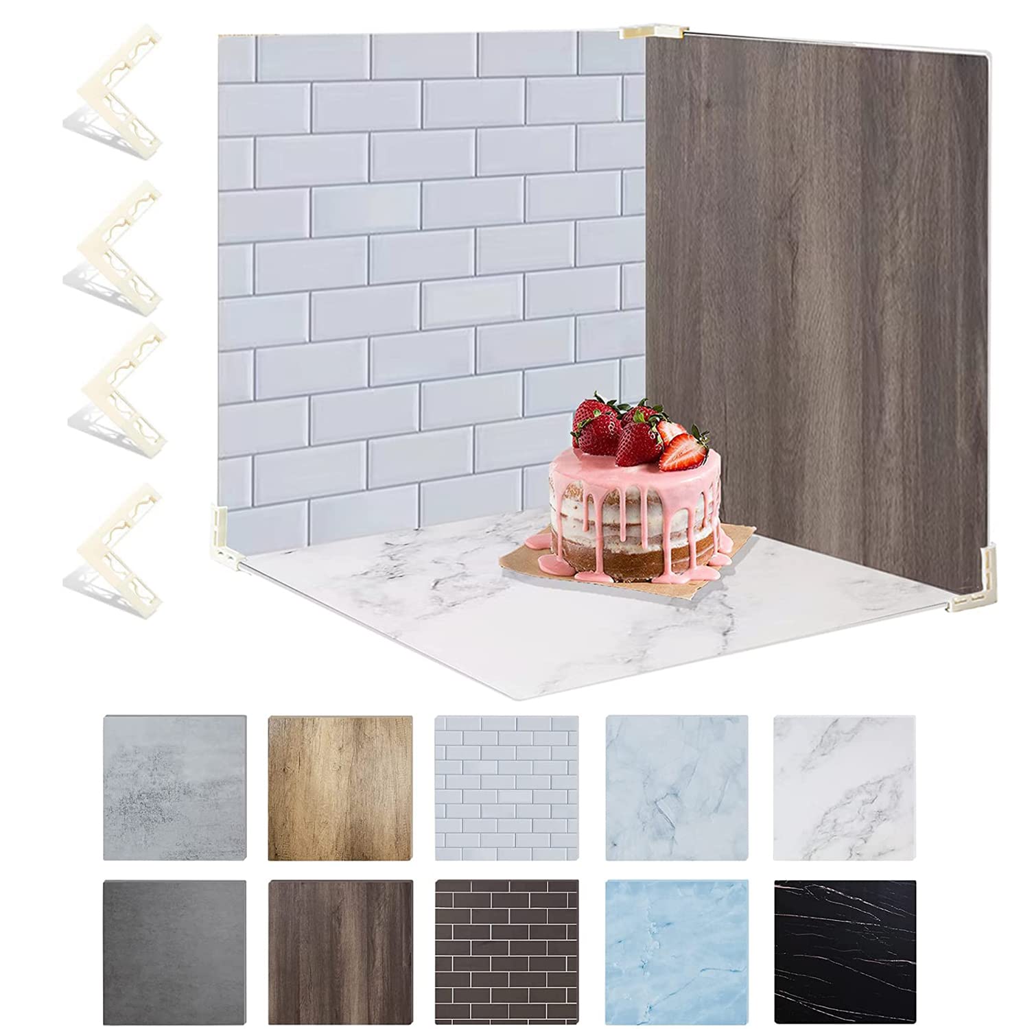 ZUOMIDIE Lot de 5 Toiles de Fond Double Face 10 Motifs 40x40 cm Fond Blanc Marbre Grain de Bois Kit Texture Plat Lay Verticale avec 4 Pinces en Carton