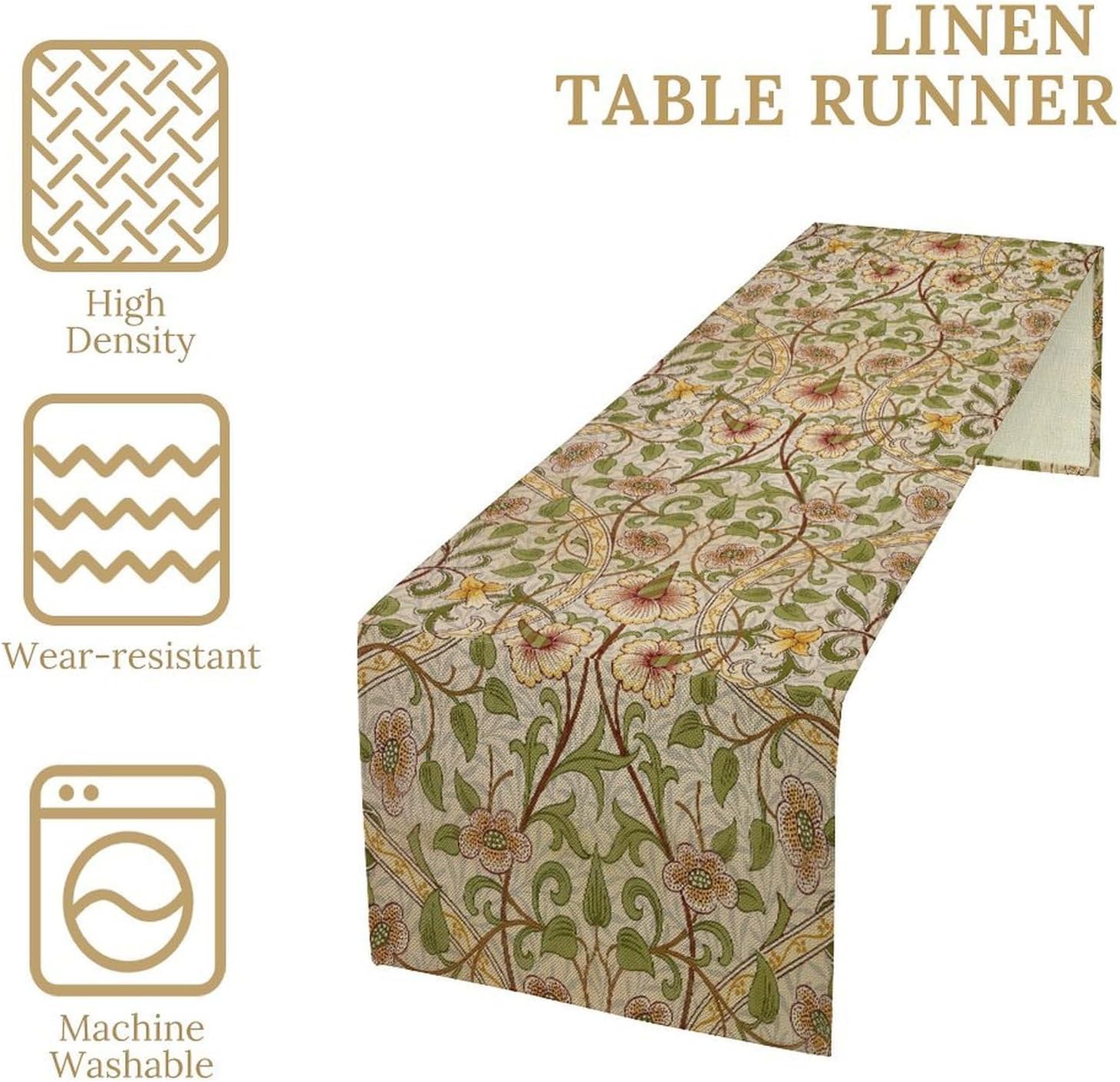 William Morris Style Floral Table Runner for Table Decor, Art Rustic Green Botanical Flower Vintage Printed for Kitchen Dining Room Farmhouse Party Holiday Decorate 13" x 90"