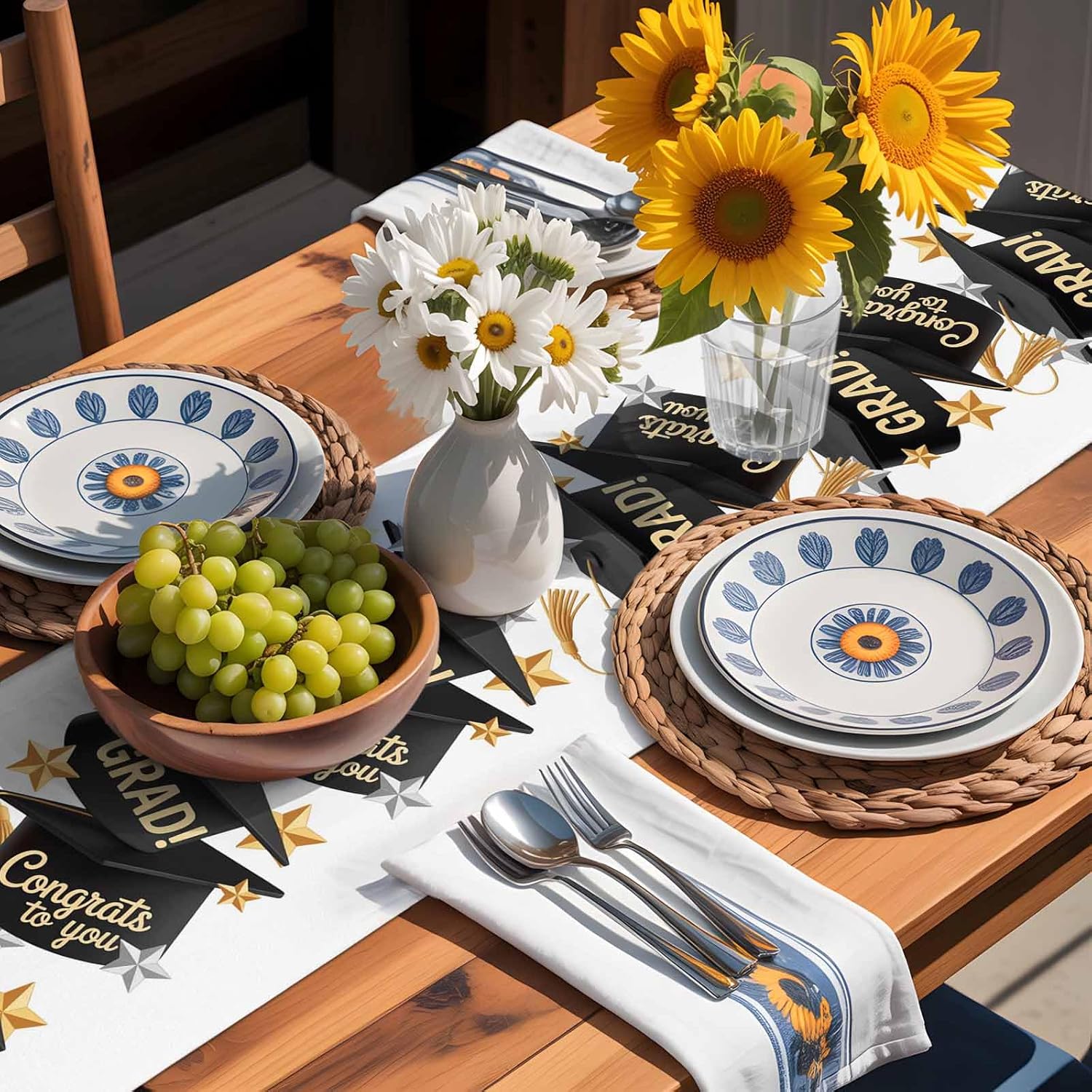 Graduation Cap Table Runner 90 Inches Long, Cotton Linen Kitchen Dinner Table Runners, Burlap Tablerunner for Dresser/Dining/Party/Wedding, Original Traditional American Star Gold