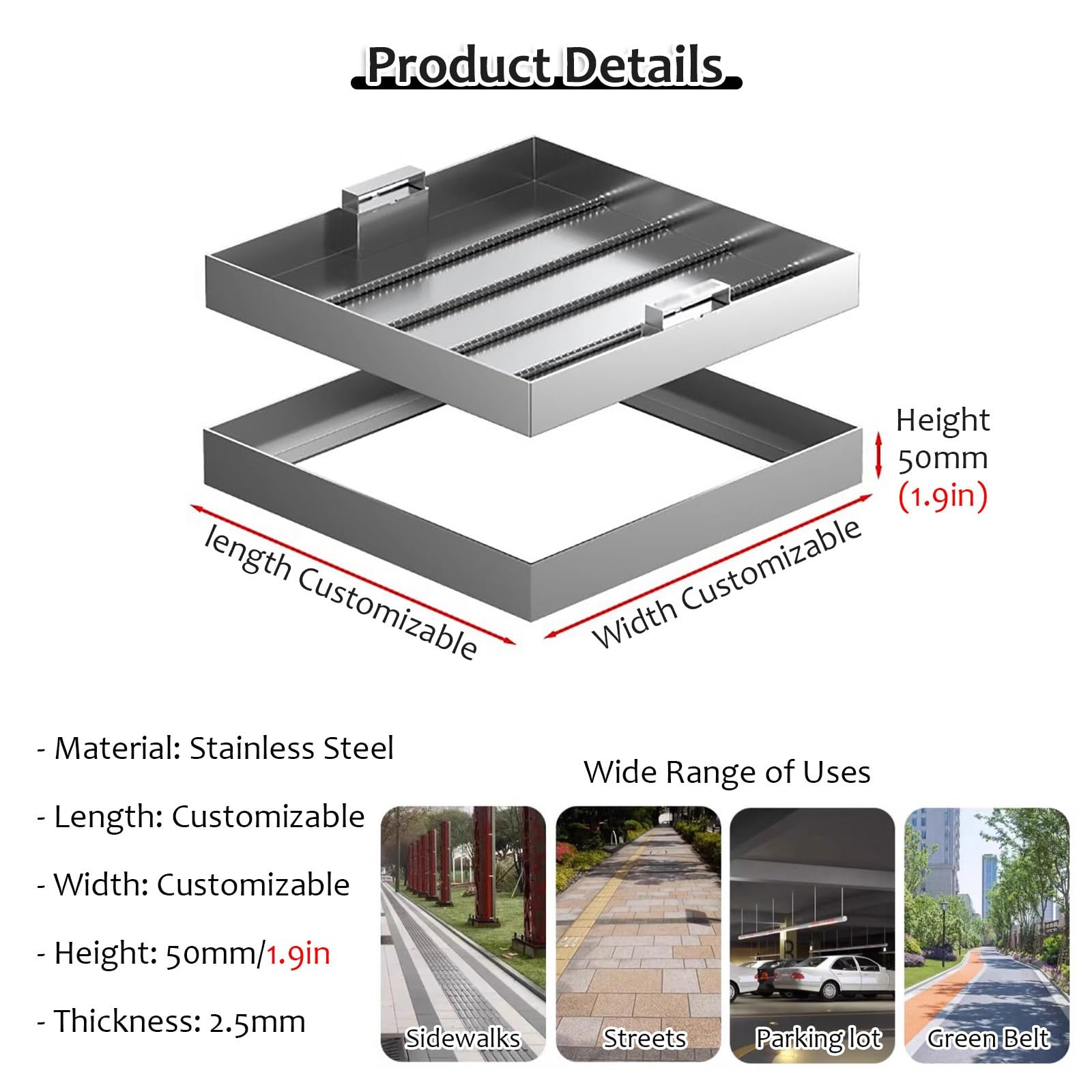 JYHHCYS Cubierta y Marco de Boca Acero Inoxidable Tapa De Arqueta, Tapa De Fosa Séptica Cuadrada con Base Y Ganchos, Diseño Invisible Tapa para Desagüe Pluvial Tapa De Inspección(21x39in(53.3x99cm))
