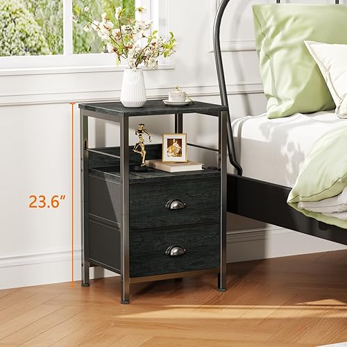 Miniatura 4 de Furologee - Juego de 2 mesitas de noche con 2 cajones de tela, mesas de noche con estante abierto, parte superior de madera, ganchos, diseño