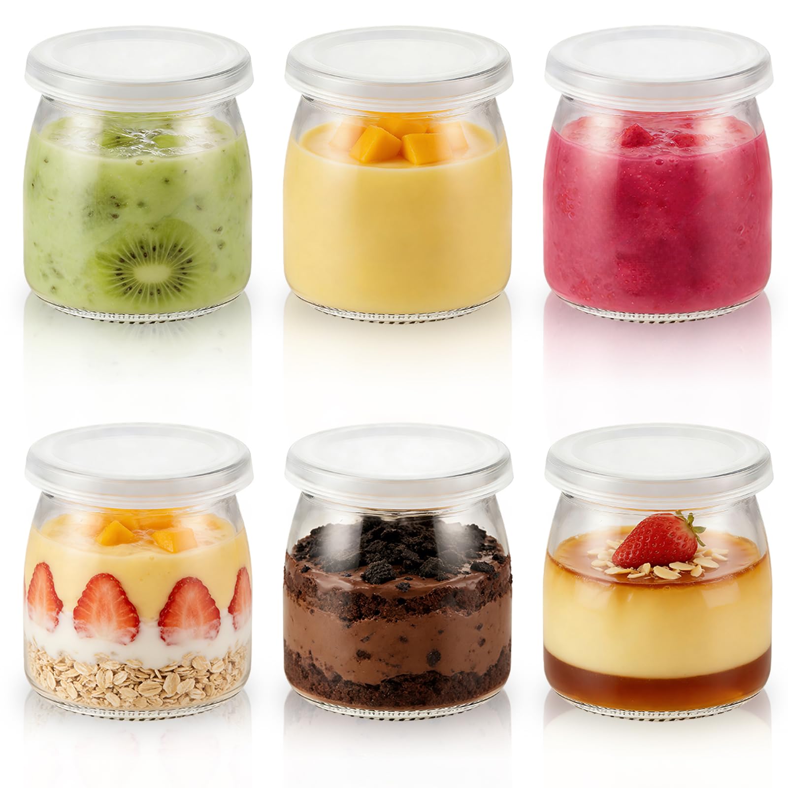 MEETOZ 6Pcs 200ml Pudding Glass Bottle,Yogurt Glass Jars with Plastic Lid,Mini Cup Small Glass Bottles for Yogurt Making, Pudding, Milk, Jelly