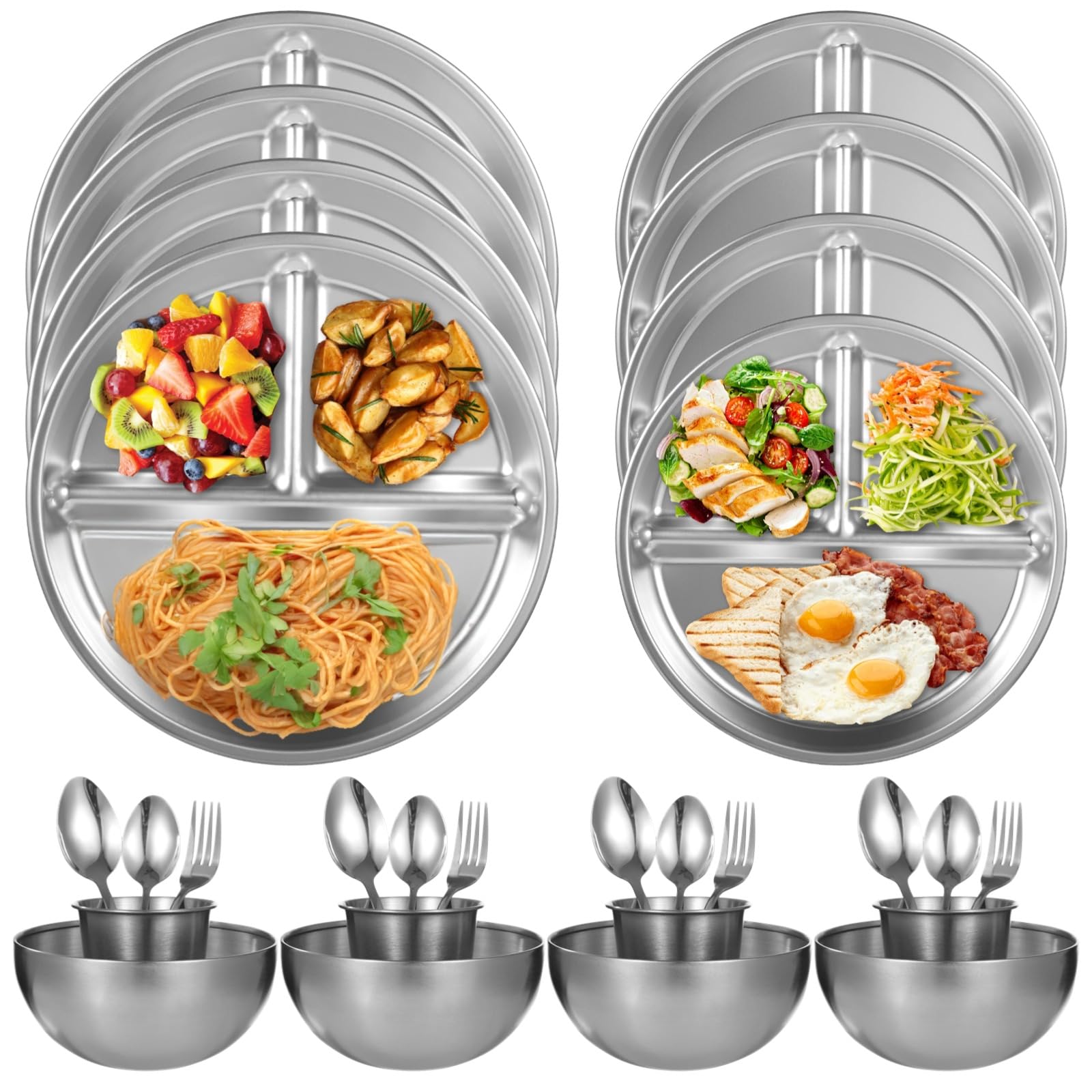 Lot de 28 pièces : kit repas de camping extérieur en acier inoxydable, assiettes, bols, gobelets, fourchettes et cuillères, vaisselle polie pour randonnée, backpacking, pique-nique