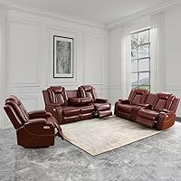 Vista 39 de Juego de sofá reclinable eléctrico para sala de estar, sofás reclinables de cuero caqui con puerto USB, sofá de cuero con sillón reclinable