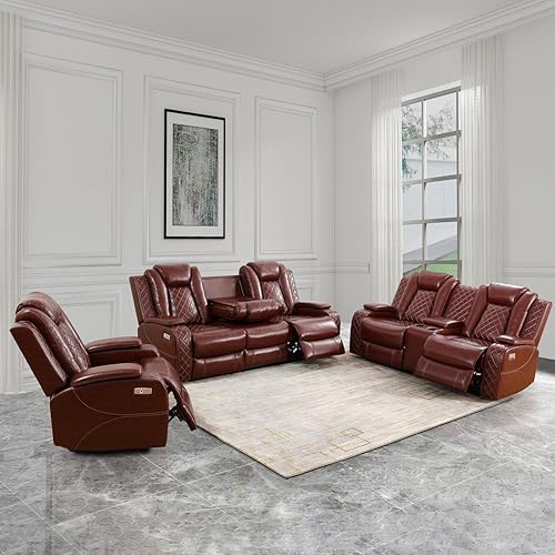 Miniatura 44 de Juego de sofá reclinable eléctrico para sala de estar, sofás reclinables de cuero blanco crema con puerto USB, sofá de cuero con sillón reclinable