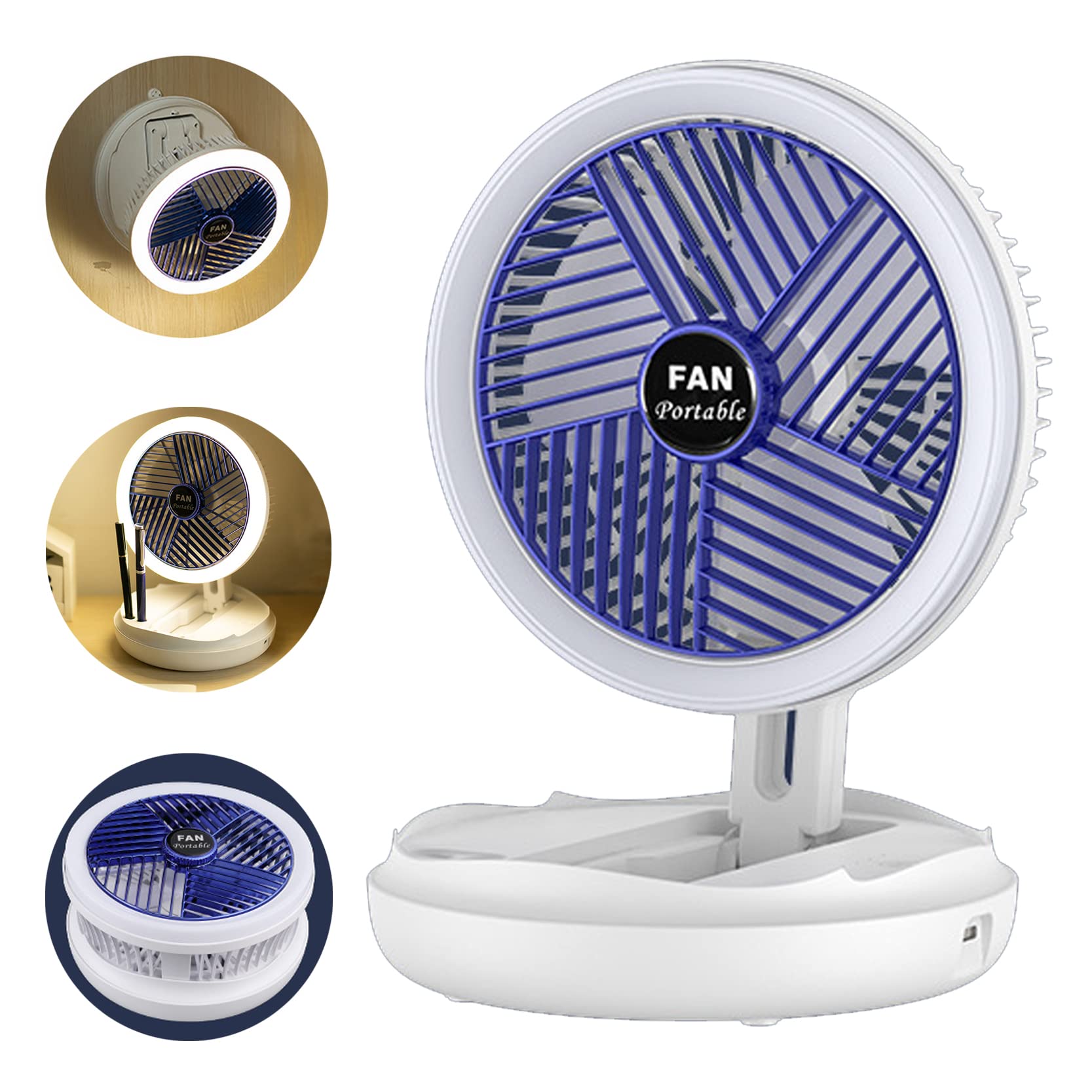 Desk Fan with Night Breathing Light, USB Rechargeable Portable Personal Table Fan, Foldable Desktop Cooling Fan with Hanging Hook, 4 Speed Air Circulator Fans for Home, Offical, travel, Camping