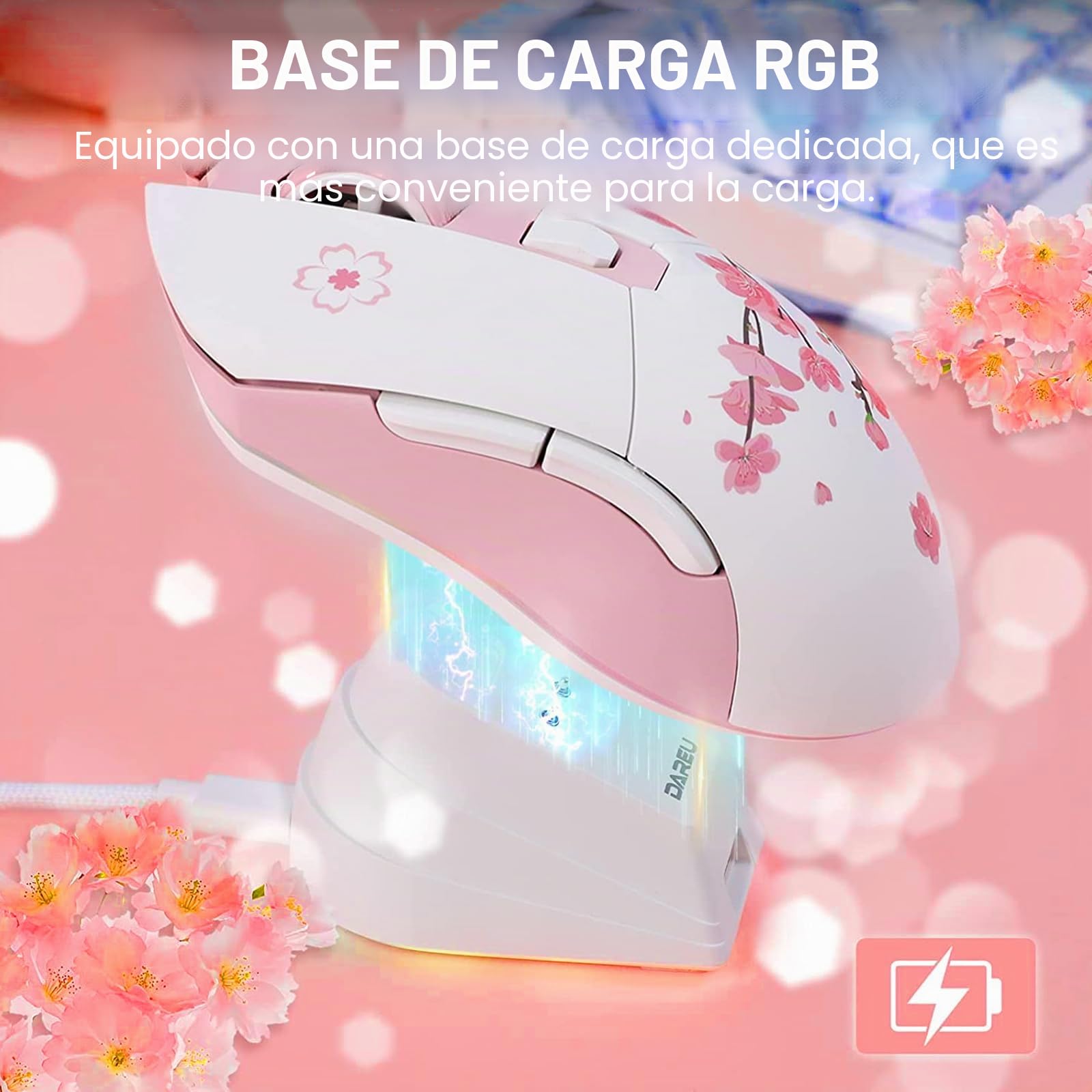 DAREU 901X Raton Gaming Inalámbrico Rosa con Base de Carga Recargable RGB, 12 K dpi, 7 Botones programables con Sensor de Alta precisión [300 IPS] [1000 Hz] para PC, Cuaderno, Mac