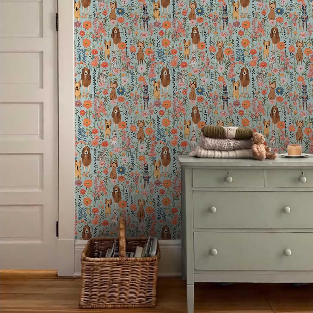 18"x236" Cartoon Cute Animals Dog Floral Peel and Stick Self Adhesive Wallpaper Removable Contact Paper Stick on Easy Peel Off Wall Paper for Kitchen Bedroom Bathroom Renter