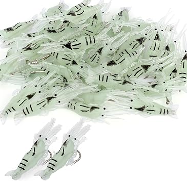 40pcs Glow in the Dark Shrimp Lures with Pre-Rigged Long Shank Hook, 4.5cm/1.77in Realistic Soft Night Fishing Bait for Bass Trout Catfish Mandarin Fish in Freshwater and Saltwater Accessories