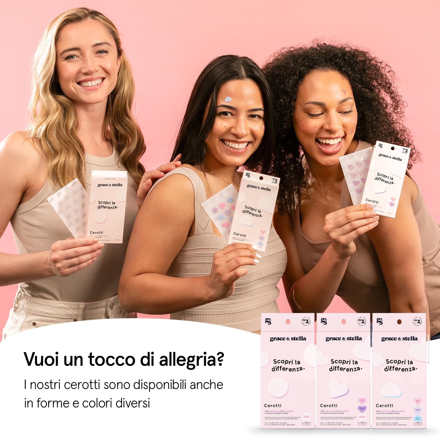 grace & stella Cerotti Idrocolloidali e Anti Imperfezioni Viso - Hydrocolloid Patch Dermatologicamente Testati, Vegan, Cruelty-Free [Misti, 72 Pezzi]
