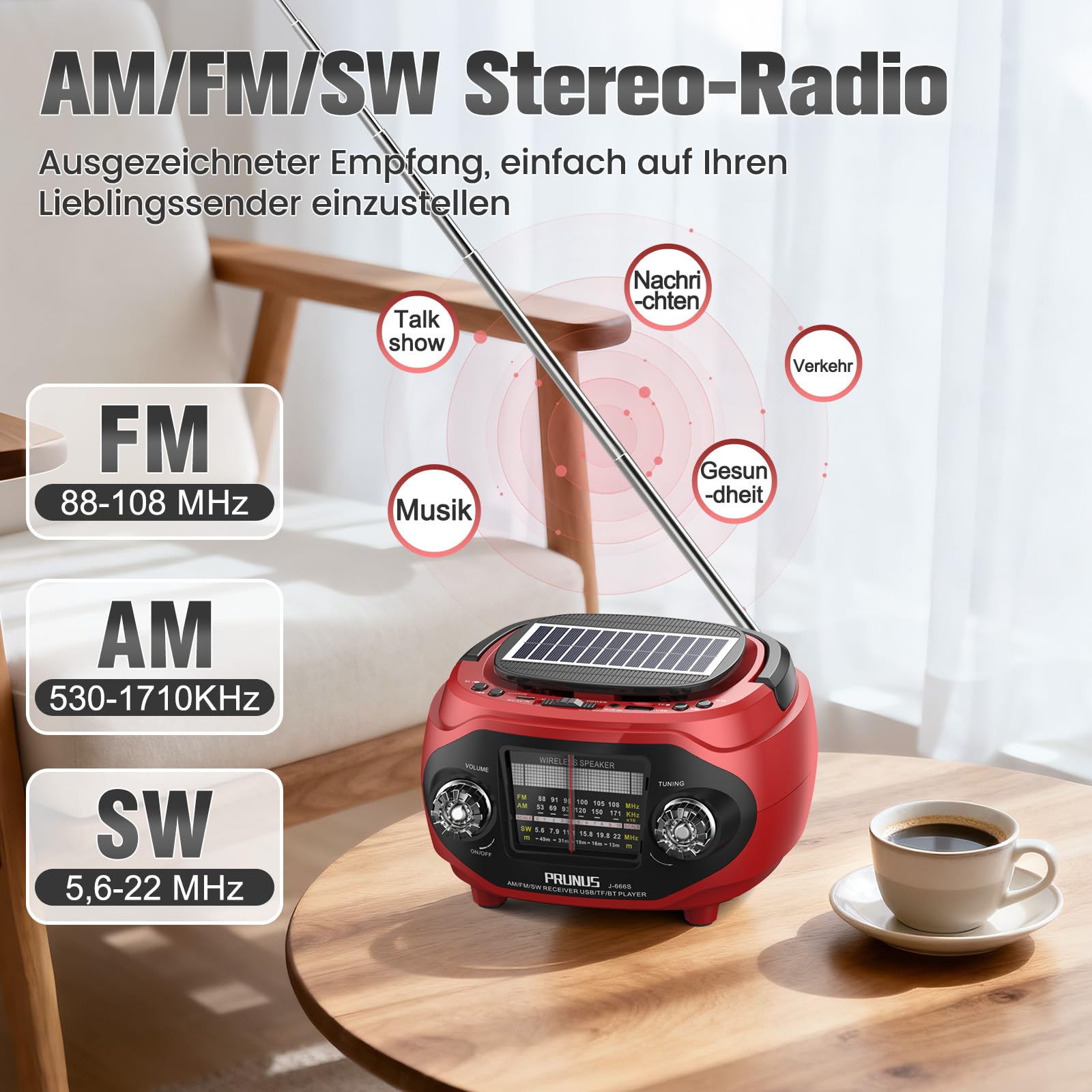 PRUNUS J-666 FM/AM/SW Retro Radio mit Bluetooth, Tragbares Radio mit 1800mAh Akku, Solar/USB-C Aufladbar, Küchenradio mit 15W-Lautsprecher, Satter Bass & Stereo-Sound, USB/TF/AUX Spielen.