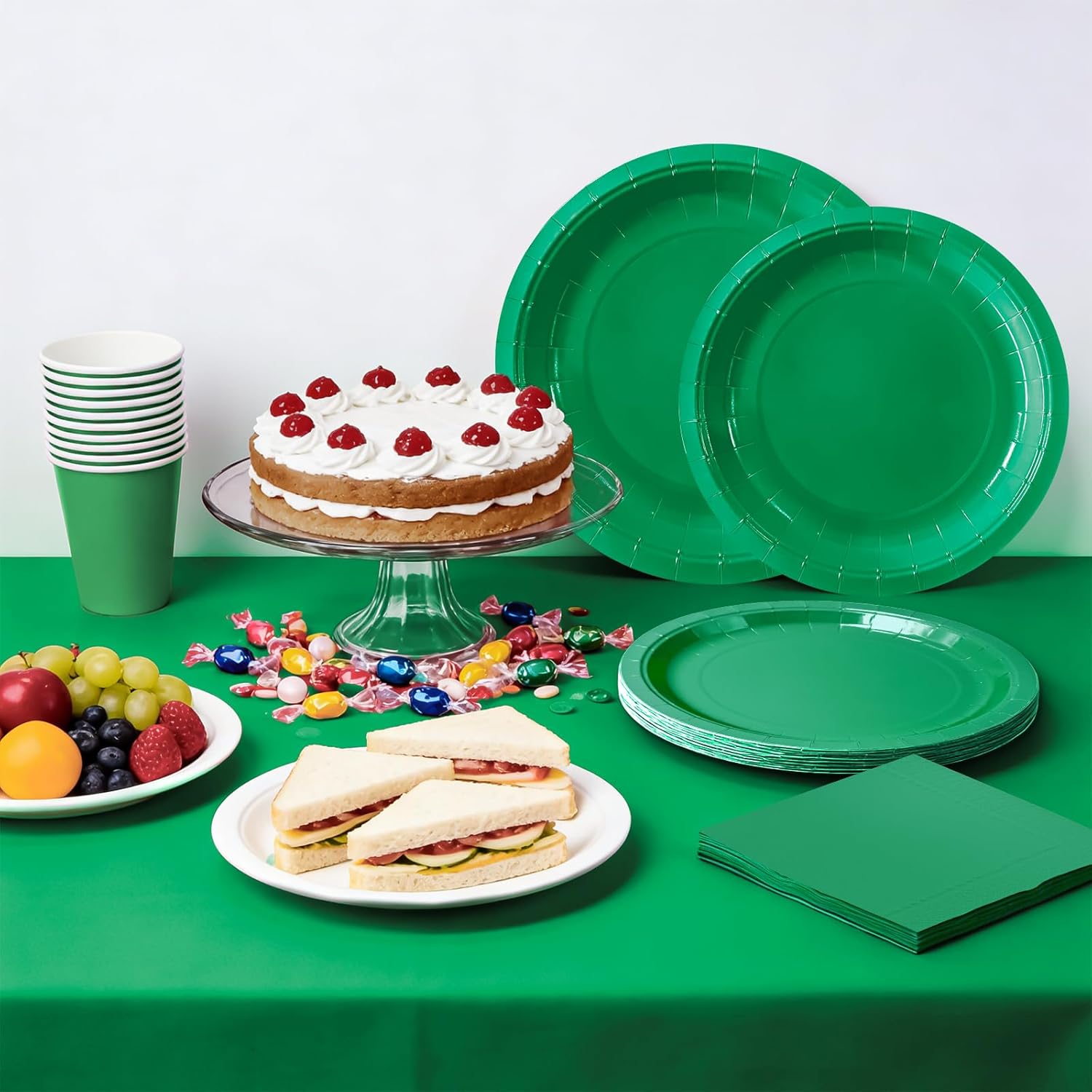 Solid Color Green Party Paper Plates Napkins and Cups Set Disposable Table Cover Serve 25 for Everyday Tableware
