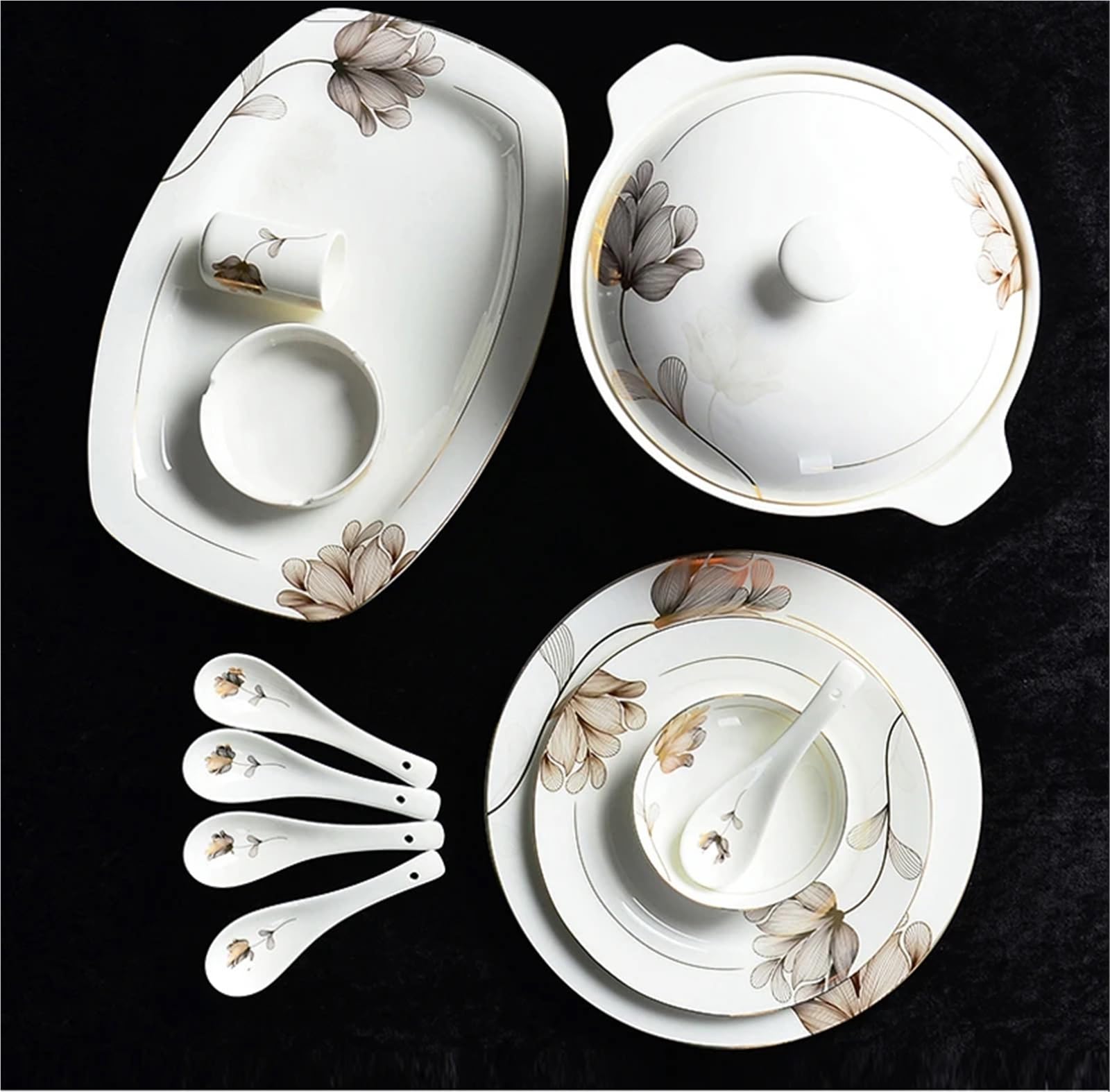 vajilla completa Juego de vajilla porcelana hoja oro 46 piezas | Vajilla con platos de diseño dorado, perfecta for Navidad y cocina.