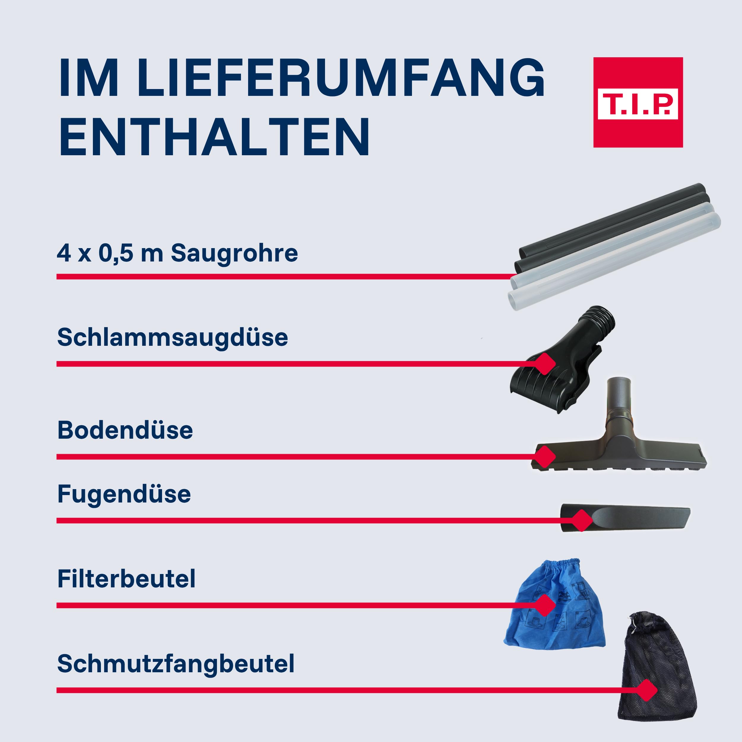 T.I.P. Teichschlammsauger - Poolsauger (Tankvolumen 30 l, Saugrohr 2m – vierteilig – 2X transparent, Flachdüse für Teichschlamm, Grobfilter und Schmutzauffangsack, Rückschlagkappe) TSS 1600 K, 30519