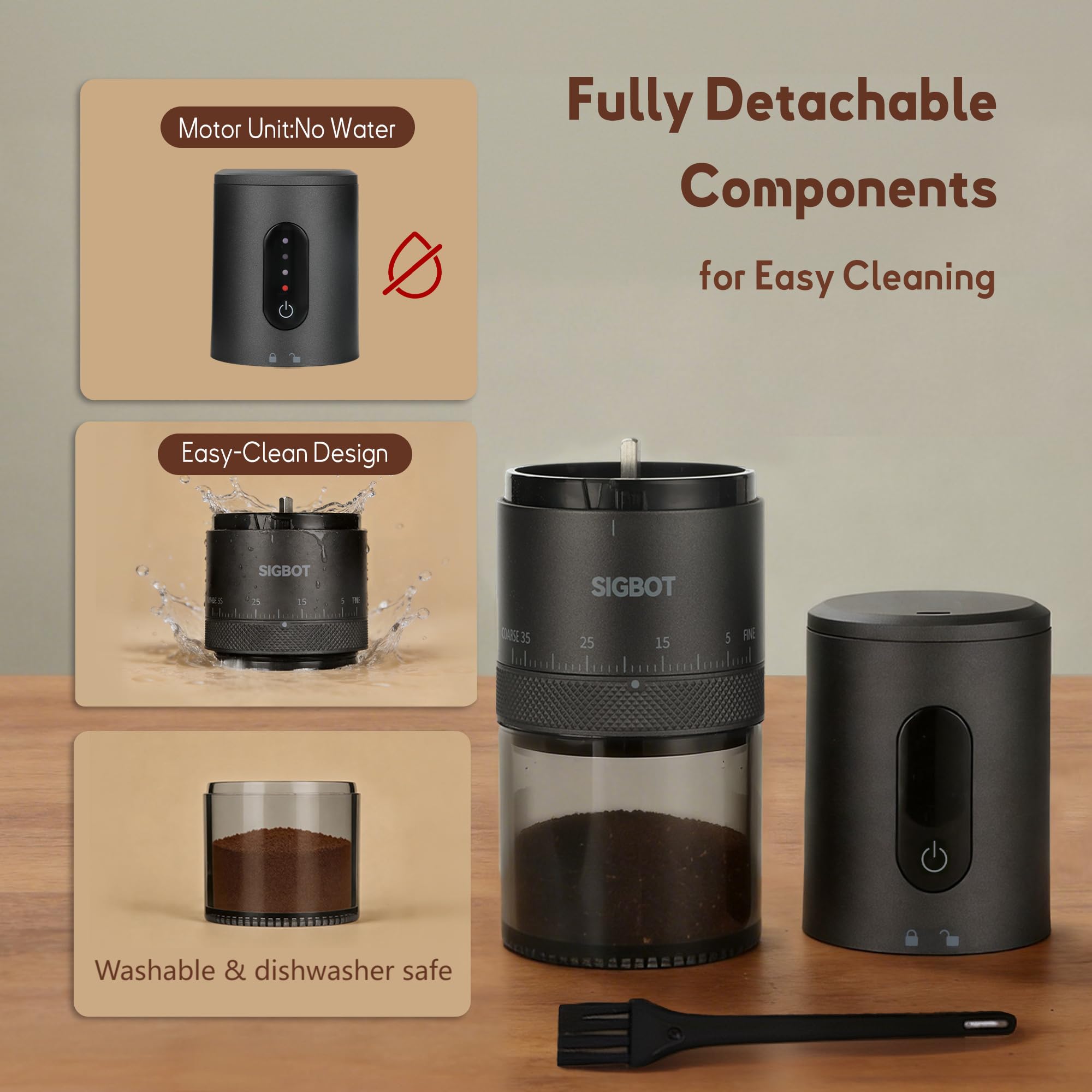Sigbot Macina Caffè Ceramica - Macina Caffè Conico Ceramica 38 Impostazioni di Macinatura Batteria da 2000 mAh con Cavo di Ricarica Type-C Ideale per Viaggi Campeggio Ufficio e Casa