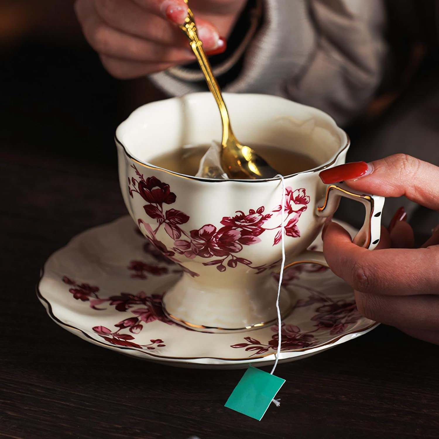 KAMMAK Tea Cups and Saucers Set of 2, Porcelain Coffee Cups, 7-Ounce Stackable Espresso Mugs, Ceramic Demitasse for Coffee, Latte, Americano, Tea, Red Orchid - Image 2