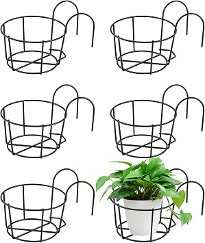 PineHaven 6 Pcs 6.1 Inch Iron Round Hanging Railing Planters,Hanging Flower Pot Holders,Metal Potted Stand Mounted Balcony Round Baskets Shelf Plant Holder with Hooks for Indoor Outdoor PlantBlack