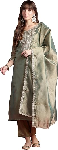 INDO ERA Womens Silk Blend Liva Embroidered Straight Kurta Pant Dupatta Set (KH9GN5613)