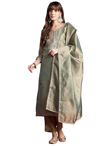 INDO ERA Womens Silk Blend Liva Embroidered Straight Kurta Pant Dupatta Set (KH9GN5613)