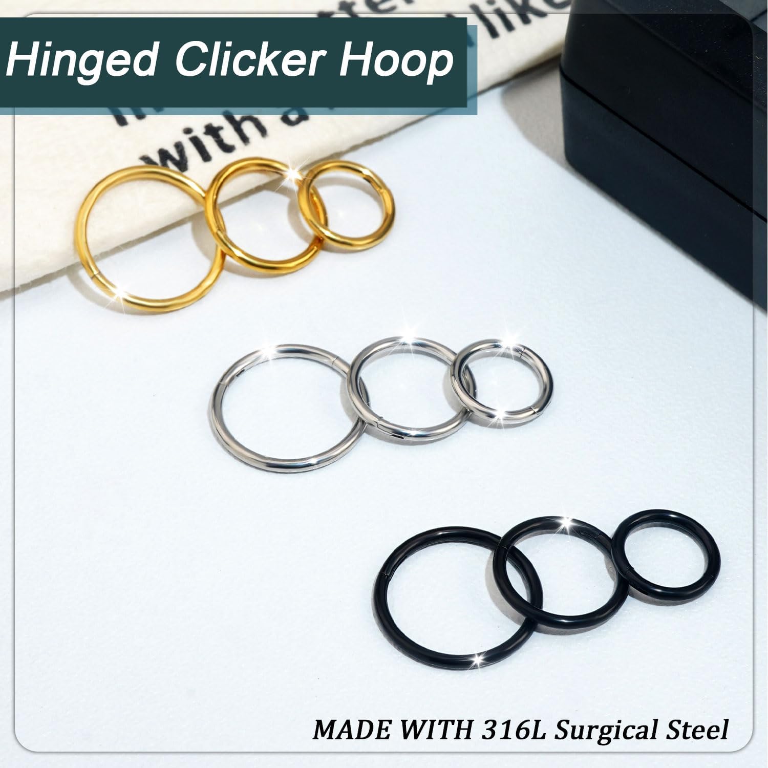 Nose Rings Hoop and Nose Studs Sets for Women Men,Hypoallergenic 316L Surgical Stainless Steel Hinged Clicker Segment Nose Rings Hoop Helix Cartilage Daith Tragus Sleeper Earrings Silver Gold Black L Shape/Corkscrew/Straight Nose Studs Real Body Piercing Jewelry - Image 6