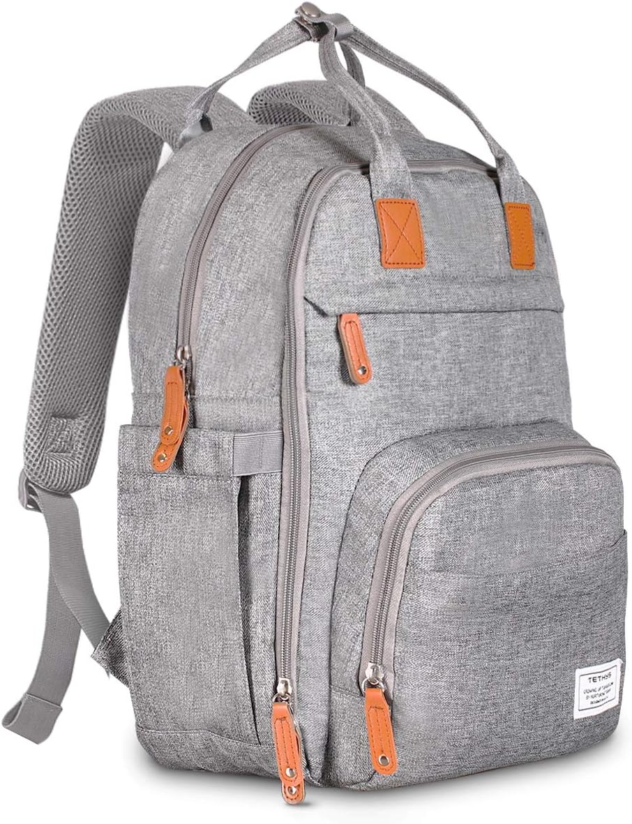 TETHYS Diaper Bag Backpack [Multifunction Waterproof Travel Back Pack] Maternity Baby Nappy Charging Bag Ideal for Mom and Dad, Large Capacity and Stylish Organizer for Baby Care - Gray