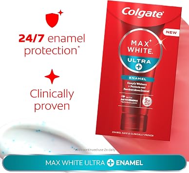 Colgate Max White Ultra+ Enamel Toothpaste 75ml, Whitens Deep Stains for 5X Whiter Teeth, ActiveShine Technology Smoothes Enamel Surface to Reflect Light, Protects and Remineralises Enamel