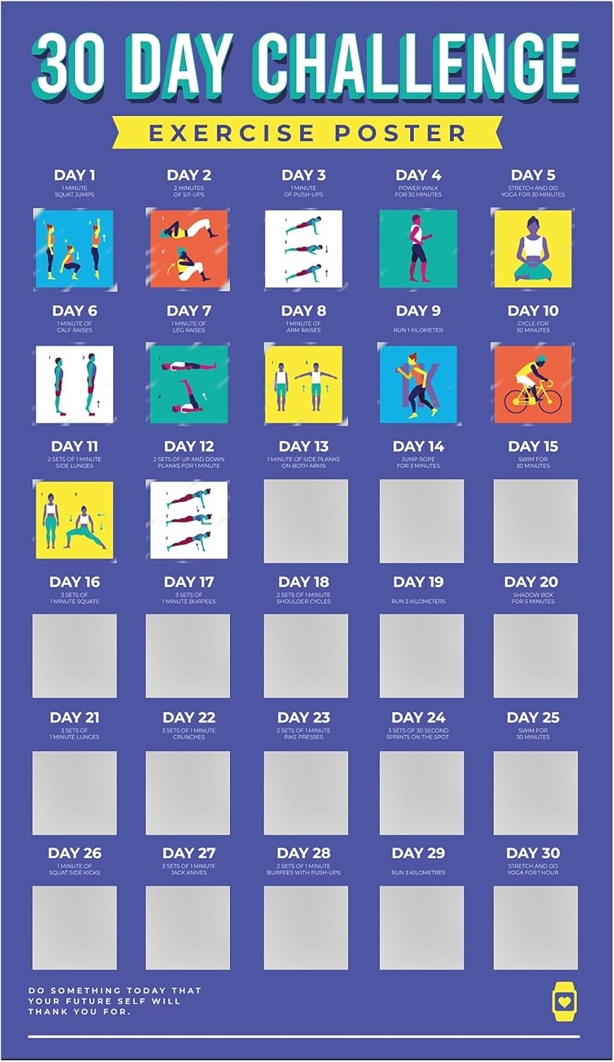 Gift Republic 30 Day Challenge Scratch Off Poster Fitness and Exercise (Size 48.6 x 28 cm), Blue