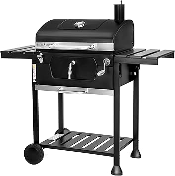 MasterCook - Barbecue A Carbonella Friend Con Doppia Griglia E Regolazione Cestello, BBQ Carbonella Con Coperchio, Termometro, Ripiani Pieghevoli, Barbecue A Carbone Professionale In Acciaio