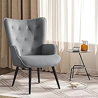 Vista 9 de Furnimart Silla decorativa beige, silla moderna de mitad de siglo para sala de estar con estructura de madera, silla de alas cómoda para oficina