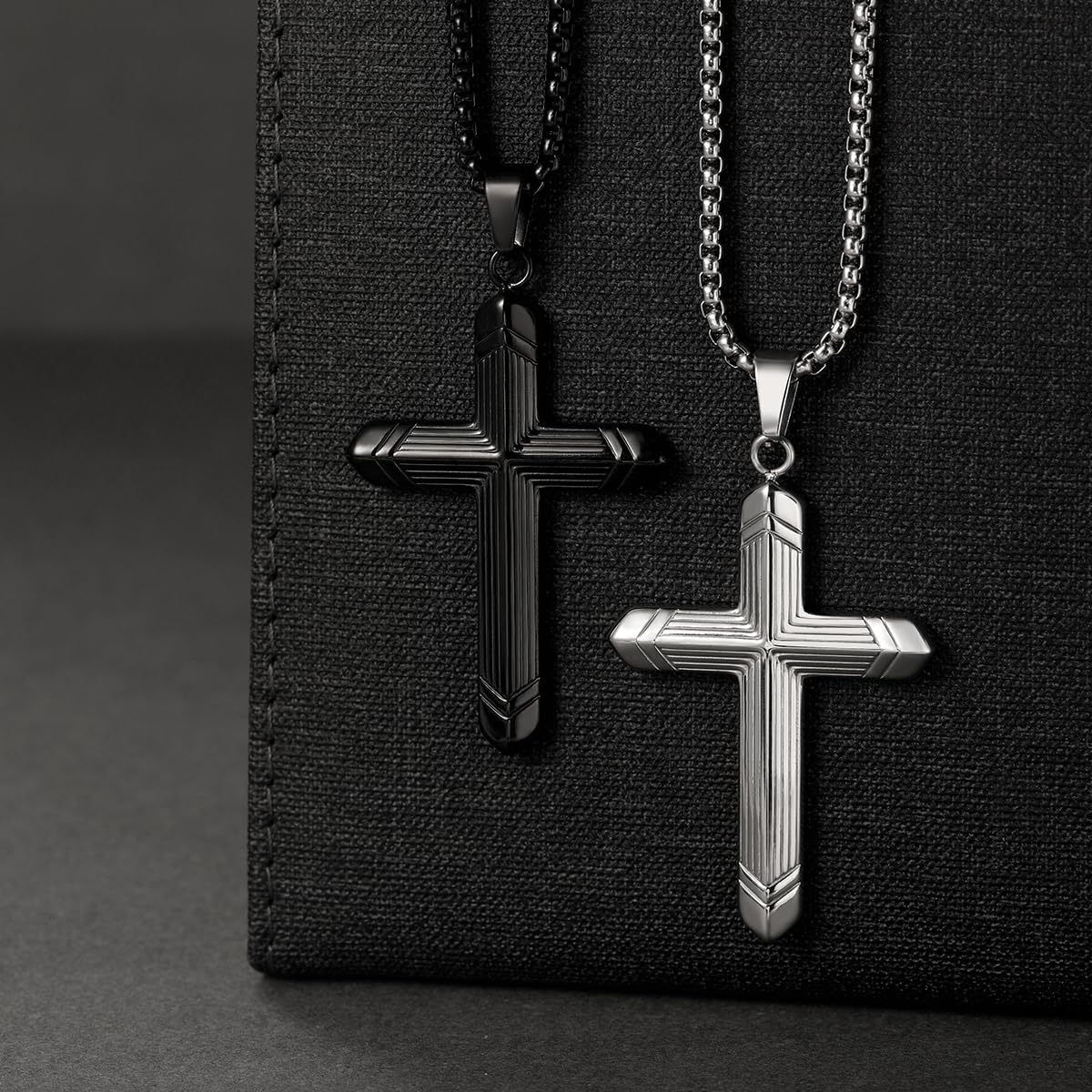 Cross Necklace for Men, Silver Black Surgical Steel Stainless Steel Men's Cross Pendant Necklace, Rolo Chain 24''/28'', Jewelry Gifts - Image 4