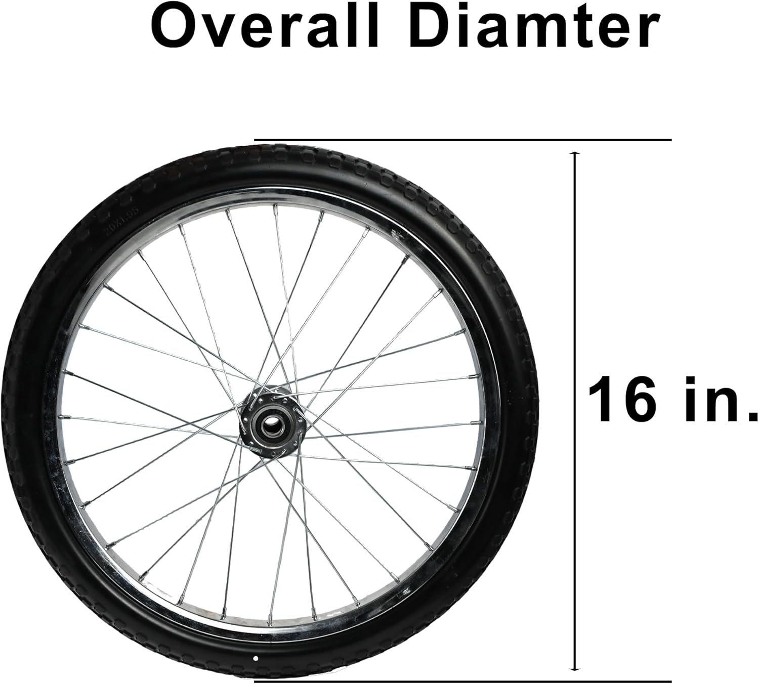 16 inch Flat Free Spoked Cart Wheel with 3/4 & 5/8 Bearings, 16x1.95 Replacement Solid Wheelbarrow Spoke Wheel with 3” Center Hub for Lawnmower/2 Wheel Garden Cart/Pony Wagon