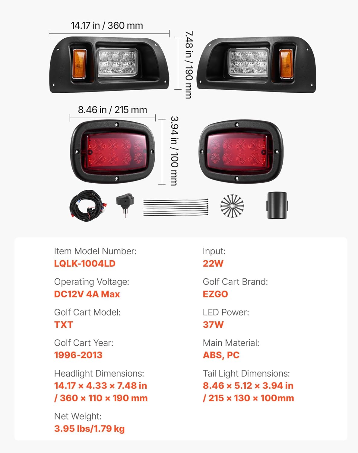 VEVOR Golf Cart Light Kit, 12 Volt, LED Headlight and Tail Light Kit with Wiring Harness, Switch, Zip Ties, ABS Housing, High-Brightness, Waterproof and Dustproof, Fit for EZGO TXT 1996-2013 Models