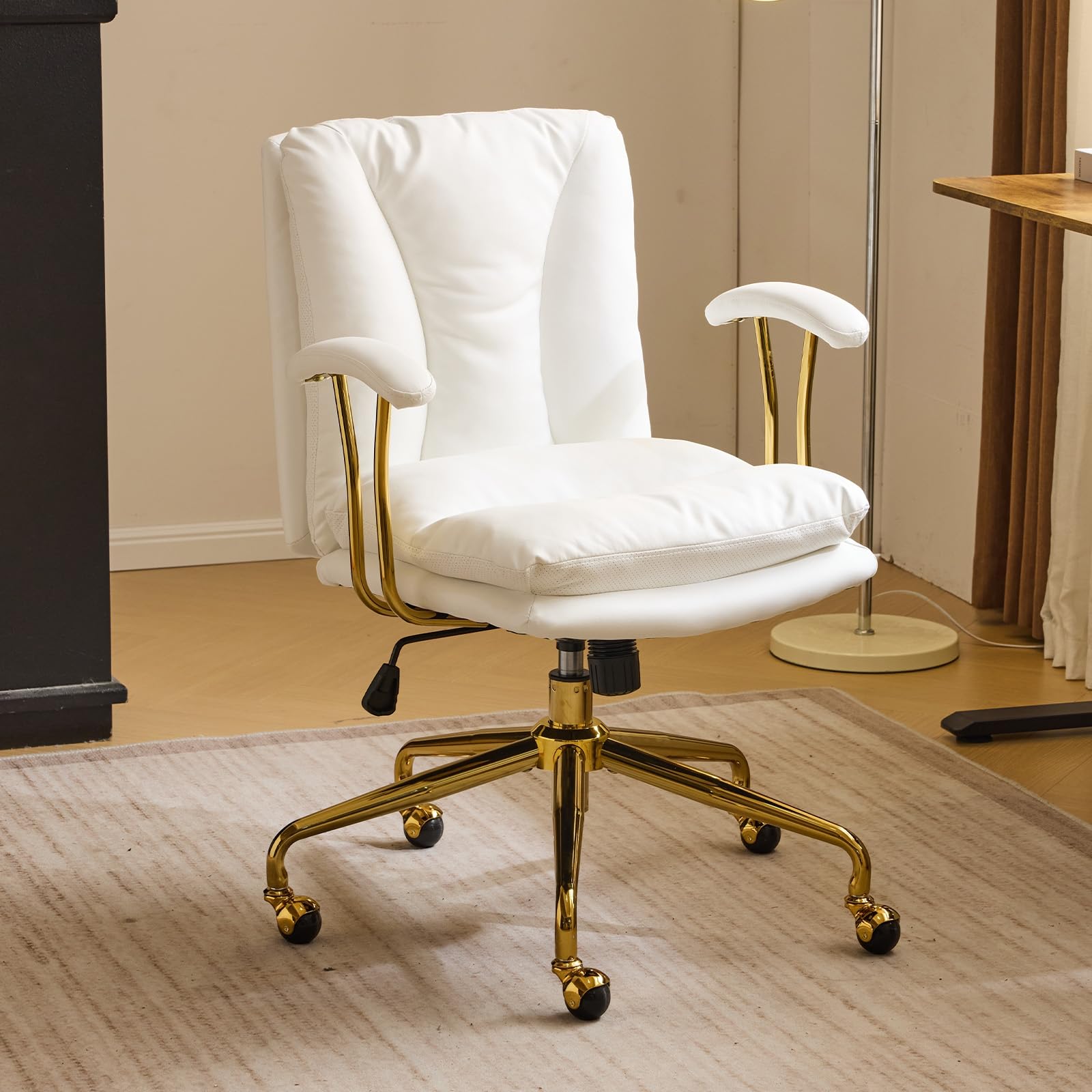 Bonnlo Silla de Escritorio, Silla ergonómica con reposabrazos, Silla ejecutiva, Silla giratoria, Regulable en Altura y Función de Inclinación, Oficina en Casa, Cuero PU, Blanco