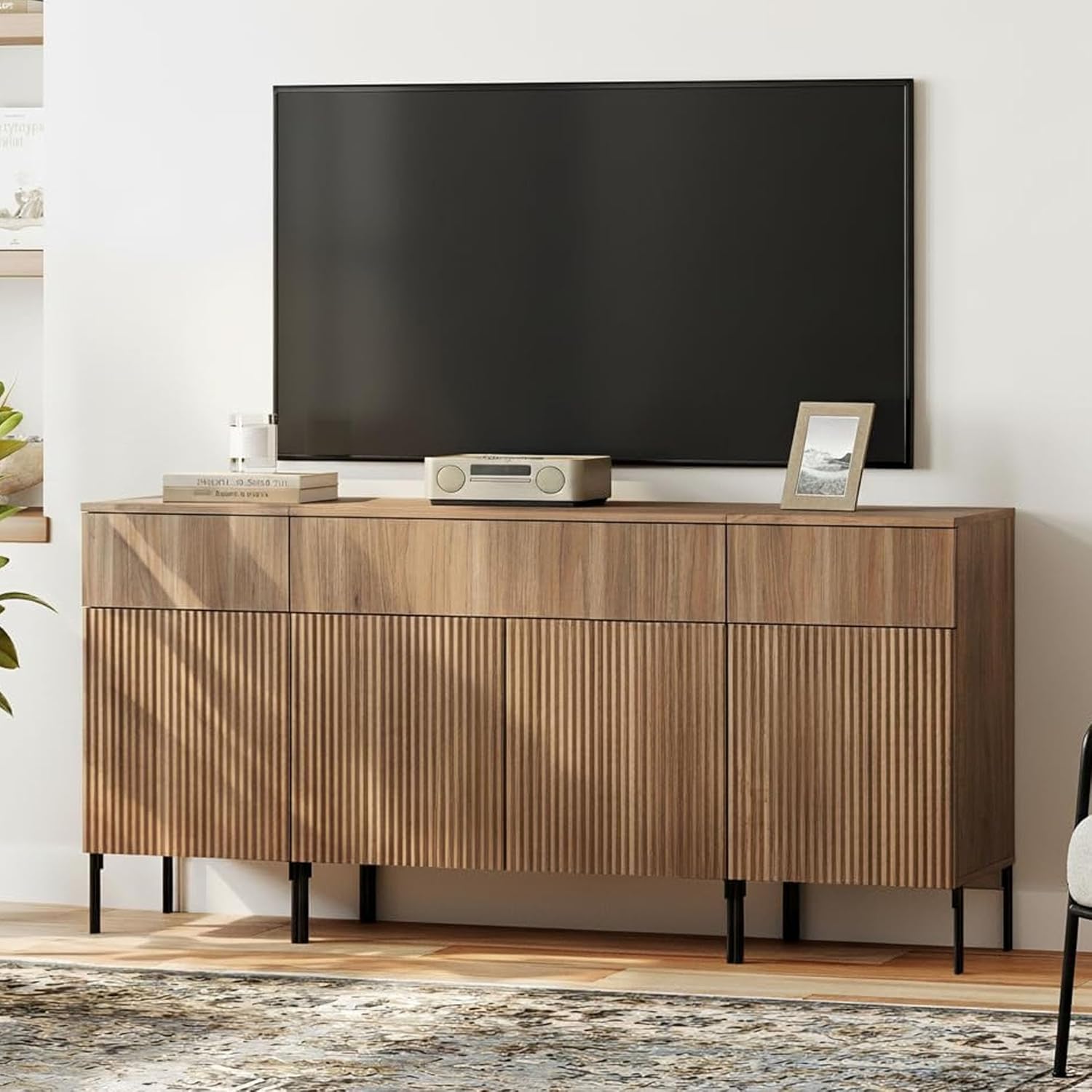 WAMPAT 3 in 1 Modern TV Stand for 70+ Inch TV, 63" W Fluted TV Entertainment Center with Storage Cabinets and 3 Drawers & 4 Doors, Wooden TV Console Table with Storage for Living Room, Walnut