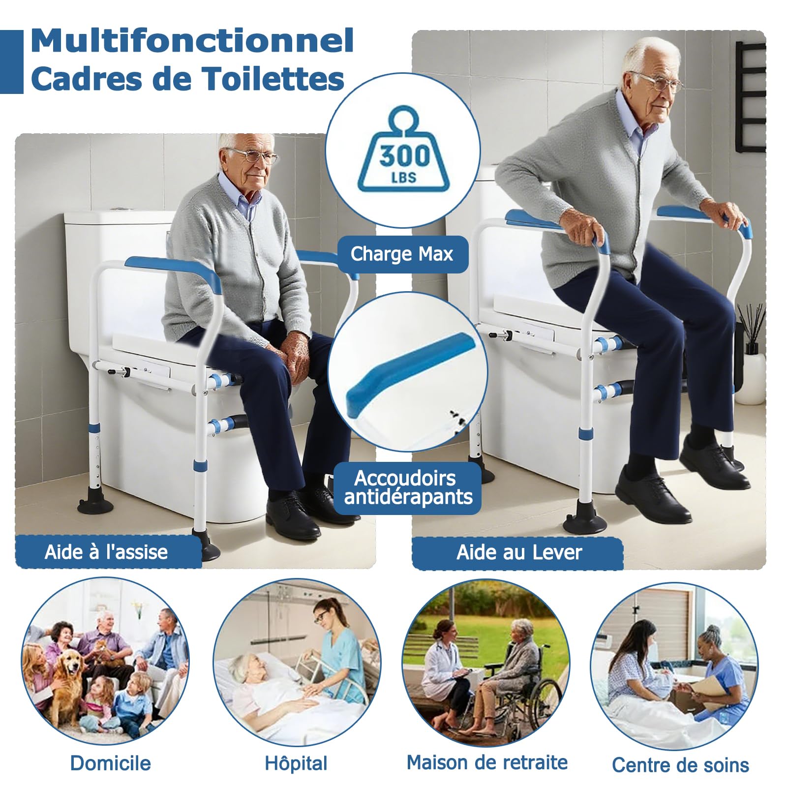 NJUN Cadre de Sécurité pour Toilettes Réglable en Hauteur, Barre d'Appui WC avec Accoudoirs et Sac de Rangement, Support de Toilette Autoportant avec Pinces EVA et Pieds Antidérapants, Sans Perçage