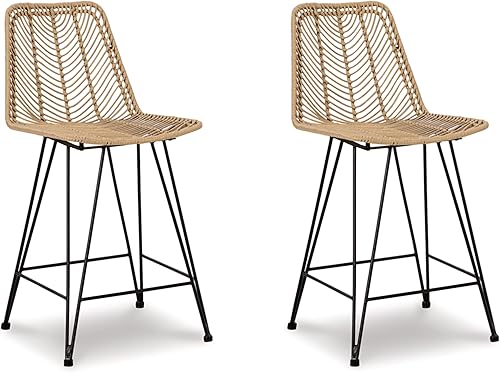 Miniatura 1 de Signature Design by Ashley Angentree Taburete de bar bohemio de mimbre con reposapiés, 2 unidades, negro y beige