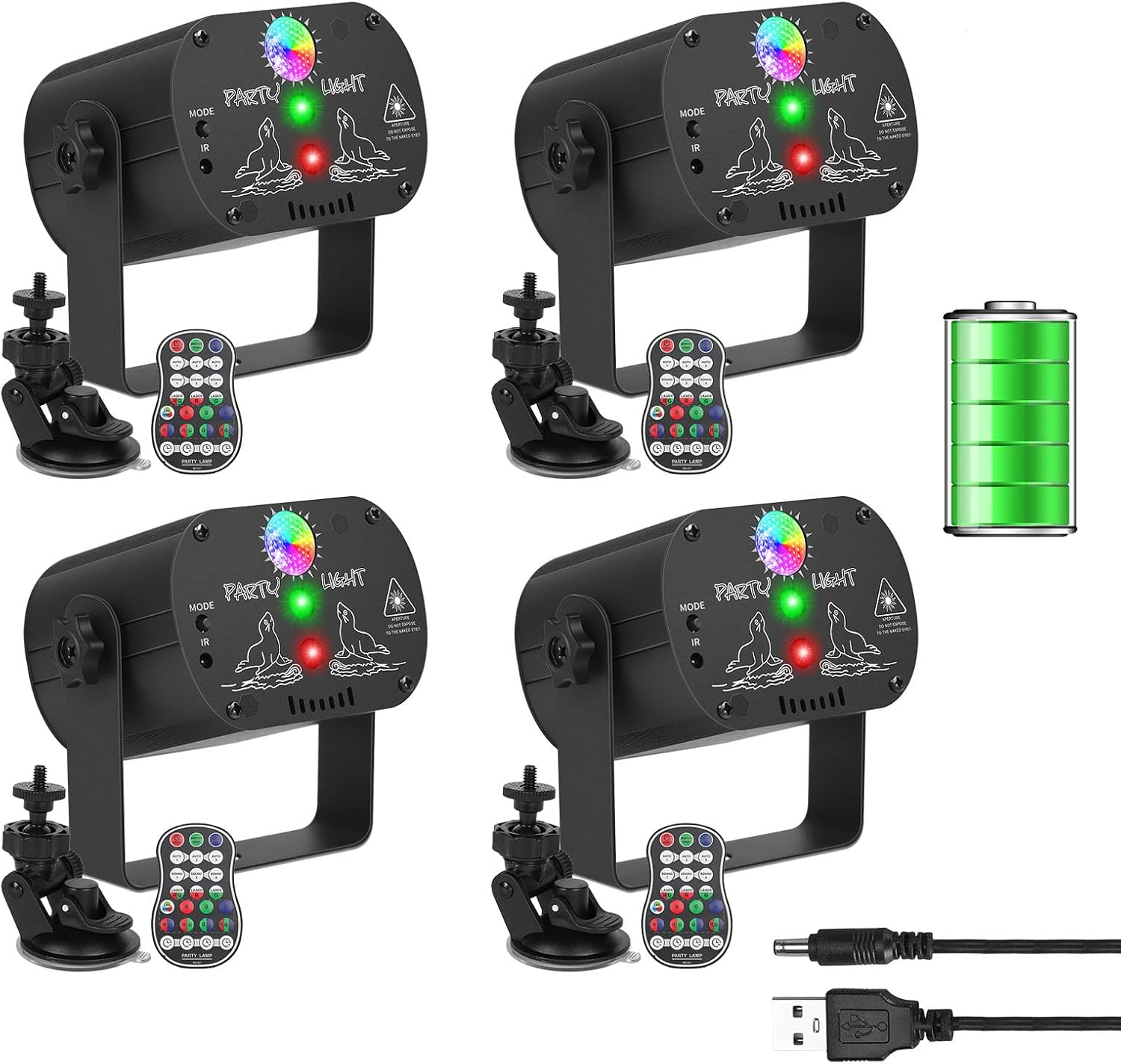 4-Pack Party Lights DJ Disco Light, RGB LED Strobe Light, Battery Powered Sound Activated Projector with Remote Control for Christmas Halloween Decorations Birthday Stage Show Dance Wedding