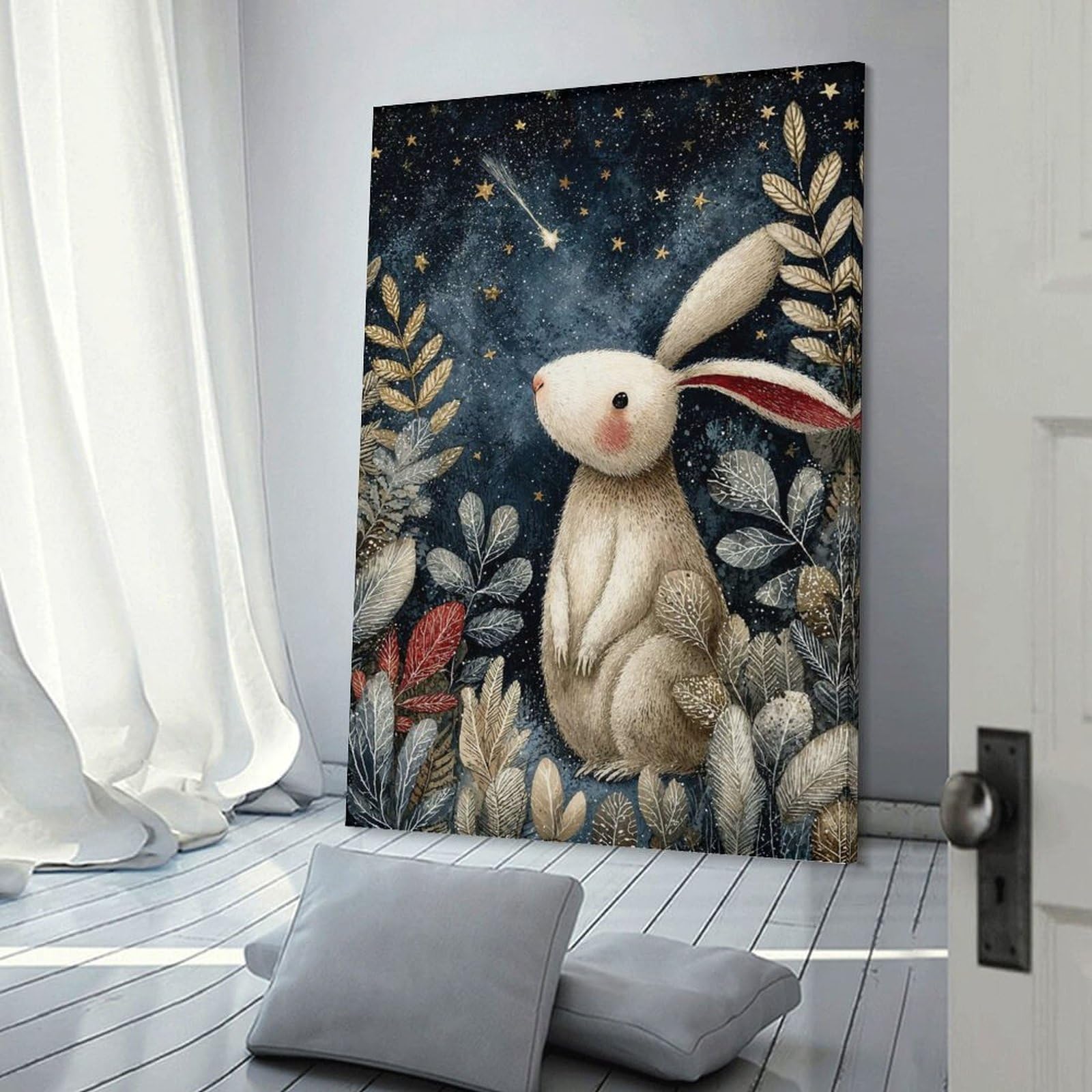 Junmoney Frame-Style-23 Canvas Art Print Rabbit Under Starry Night Illustration, 08X12inch(20X30cm), For Office, Study Or Home Workspace, Wall Art That Adds Style To Work Areas