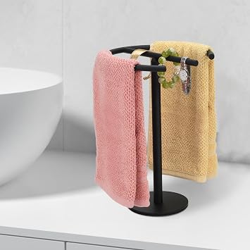 Hand Towel Holder Stand, 13 Inch Towel Rack for Bathroom Vanity Kitchen Countertop Free-Standing Stainless Steel Towel Rings Matte Black